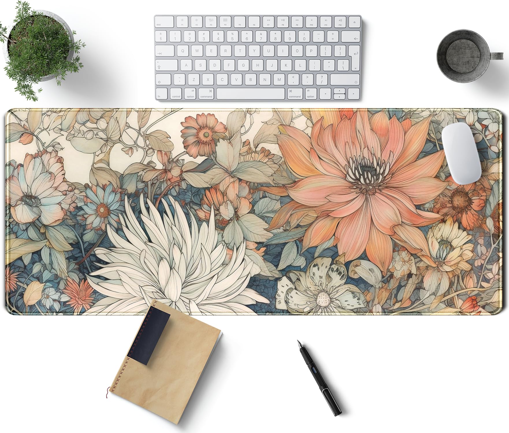Japanese Minimalist Floral Desk Mat Aesthetic Flowers Xl Large Extended Gaming Mouse Pad With Stitched Edges, Big Laptop Compute