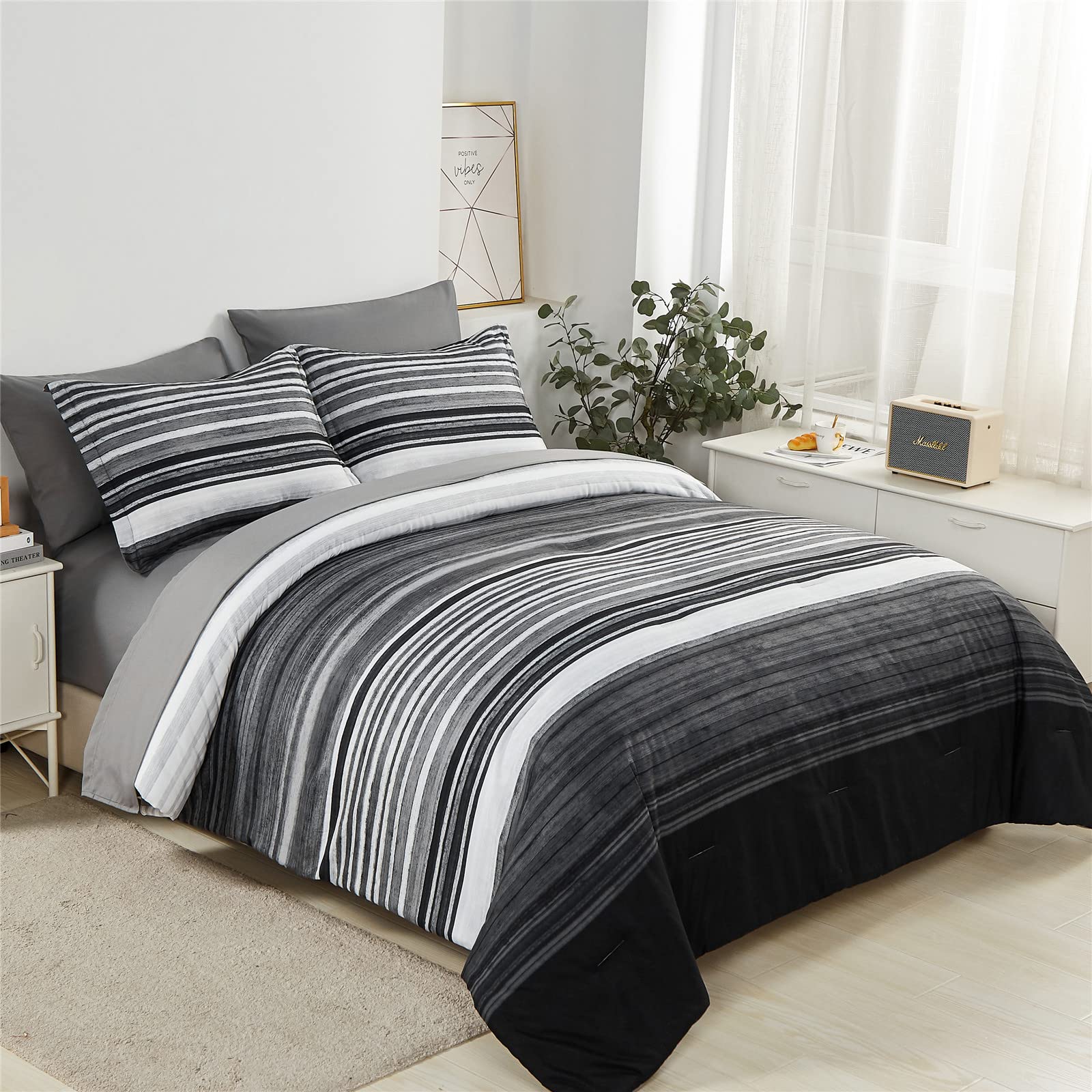 Kakijumn 7 Piece Bed In A Bag Stripe Comforter Set King Size, White Grey Black Patchwork Striped Comforter And Sheet Set, All Se