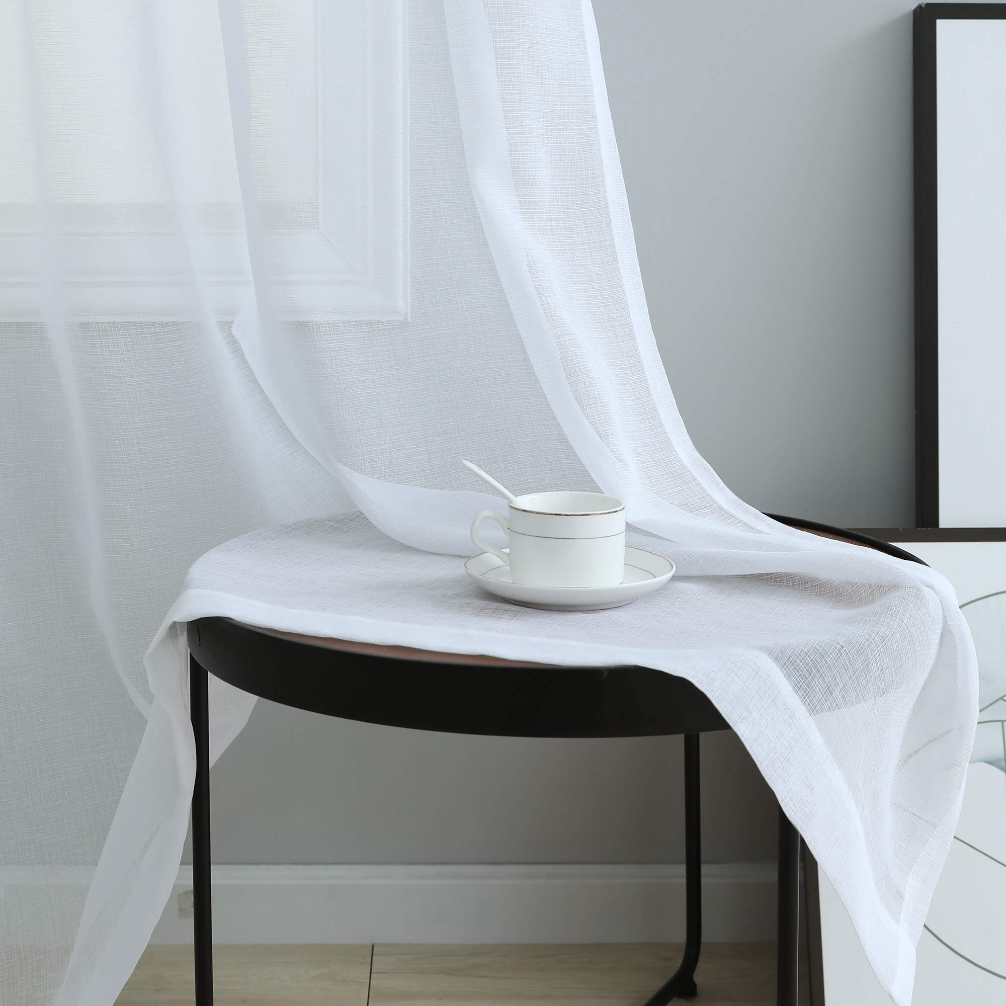 Pitalk White Semi Sheer Curtains 90 Inches Long For Living Room 2 Panels Set Rod Pocket Faux Linen Textured Lightweight Flowy Se