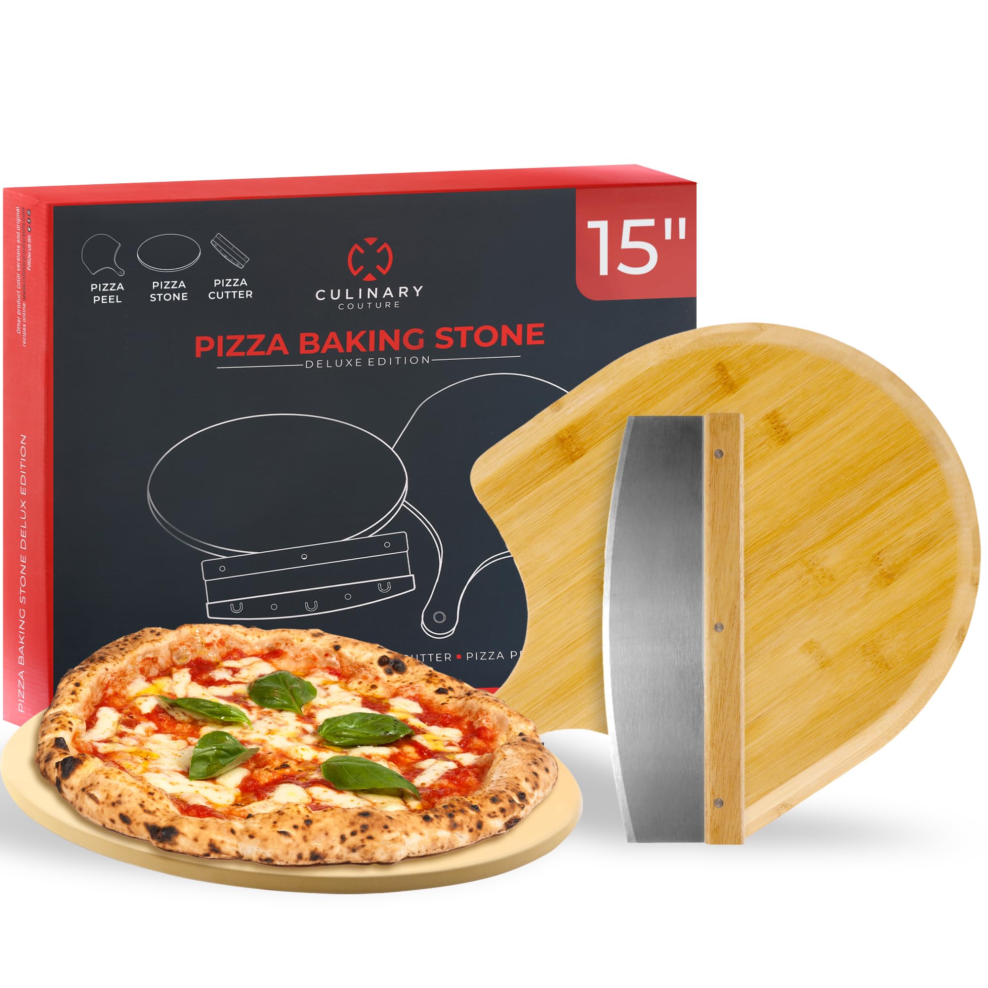 Culinary Couture Deluxe Kit 15' Round Pizza Stone For Oven And Grill - Cordierite Pizza Stone For Bread, Calzone, Cookies - Ove