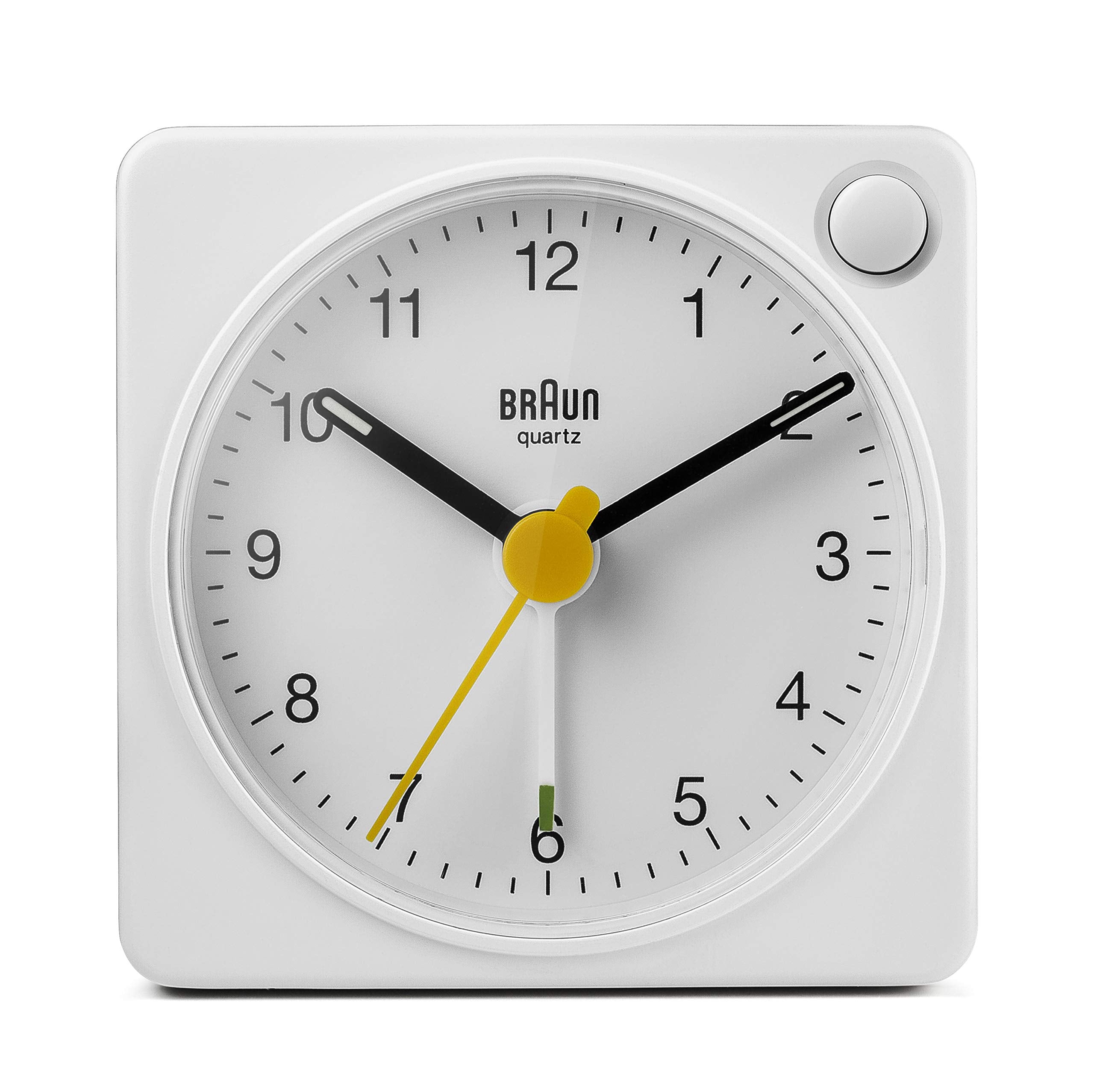 Braun Classic Travel Analogue Alarm Clock with Snooze and Light, Compact Size, Quiet Quartz Movement, Crescendo Beep Alarm in Wh