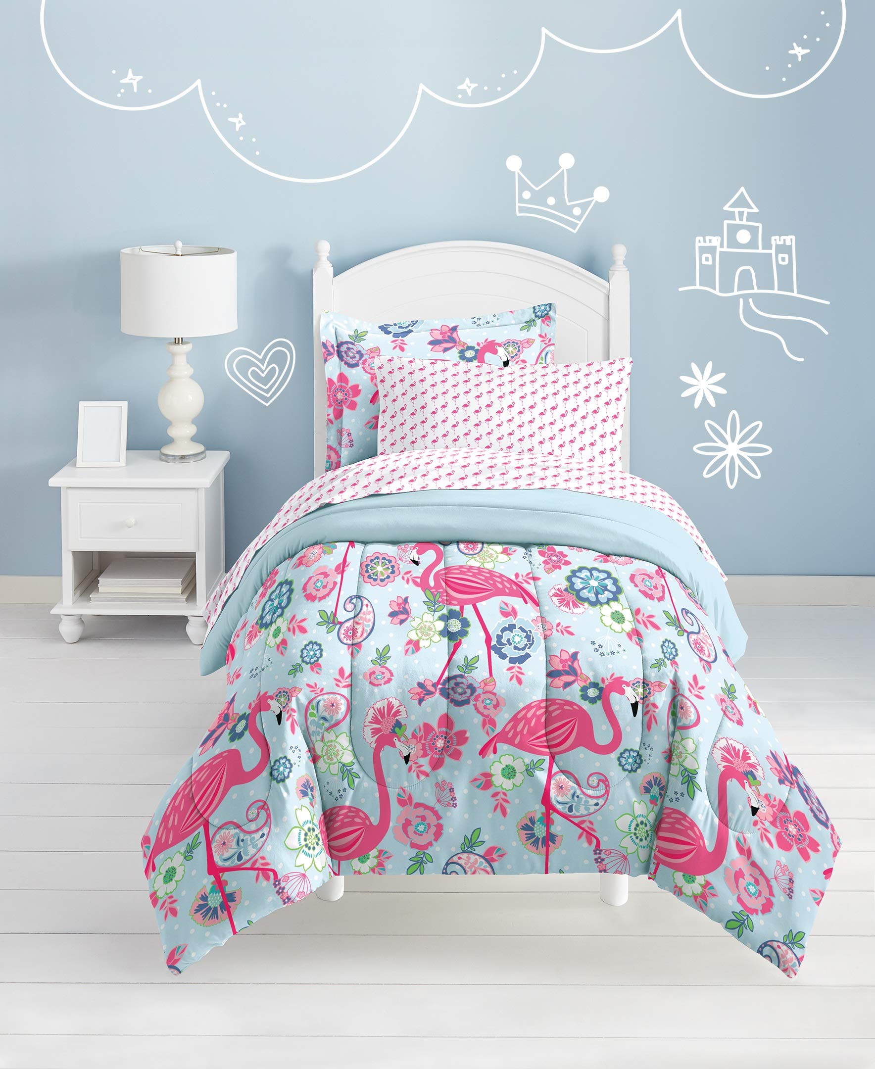 Dream Factory Kids 5-Piece Complete Set Easy-Wash Super Soft Microfiber Comforter Bedding, Twin, Pink Flamingo
