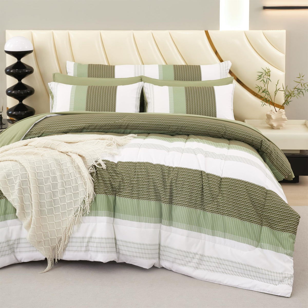 Rynghipy Olive Green Striped Bed Sets: 8 Pieces Soft Lightweight Bed In A Bag Full Size Microfiber Down Alternative Comforter Se