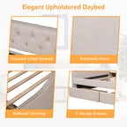 Flieks Upholstered Full Daybed With Two Storage Drawers, Full Size Button Tufted Sofa Bed Daybed With Nailhead Trim And Wood Slat Support (Beige Fabric)