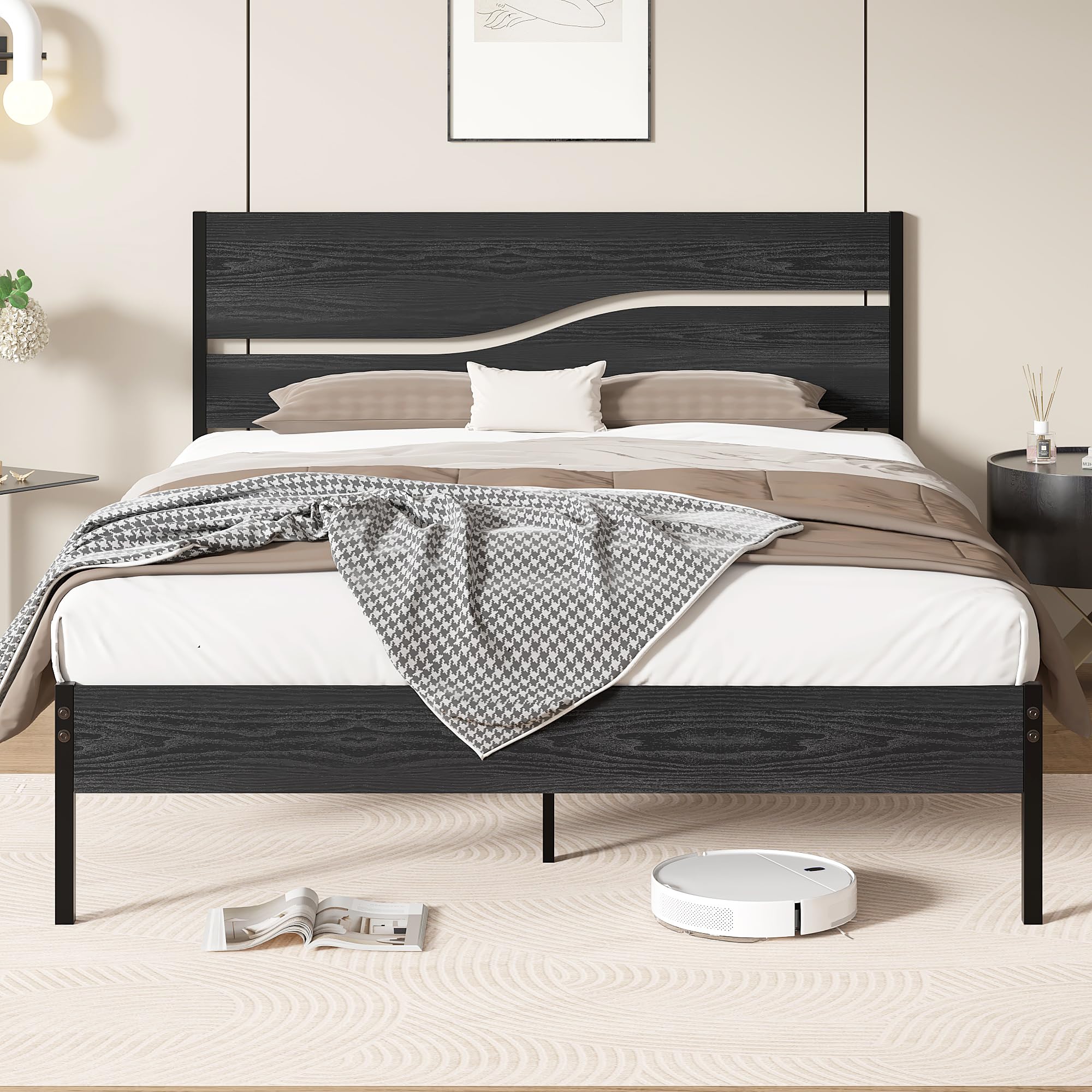 Vecelo Queen Size Platform Bed Frame With Wood Headboard, Solid And Strong Metal Support, No Box Spring Needed, Black