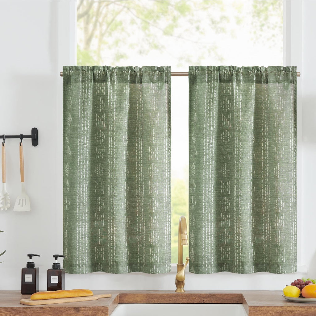 Jinchan Boho Kitchen Curtains Linen Tier Curtains 24 Inch Bohemian Cafe Curtains Geometric Striped Small Window Curtains Light Filtering Farmhouse Country For Bathroom Rv 2 Panels Sage Green