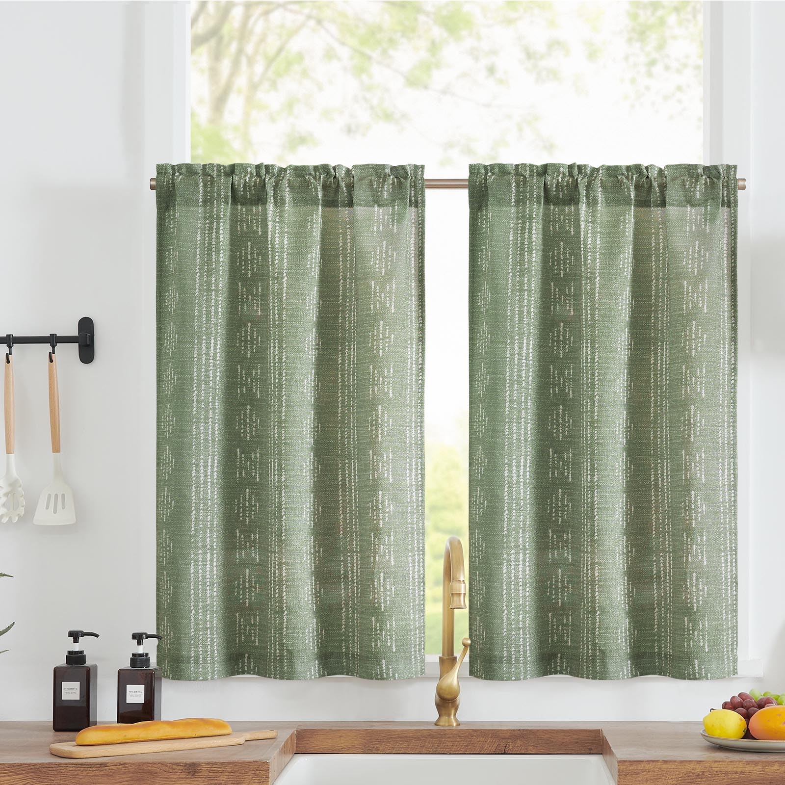 Jinchan Boho Kitchen Curtains Linen Tier Curtains 24 Inch Bohemian Cafe Curtains Geometric Striped Small Window Curtains Light Filtering Farmhouse Country For Bathroom Rv 2 Panels Sage Green