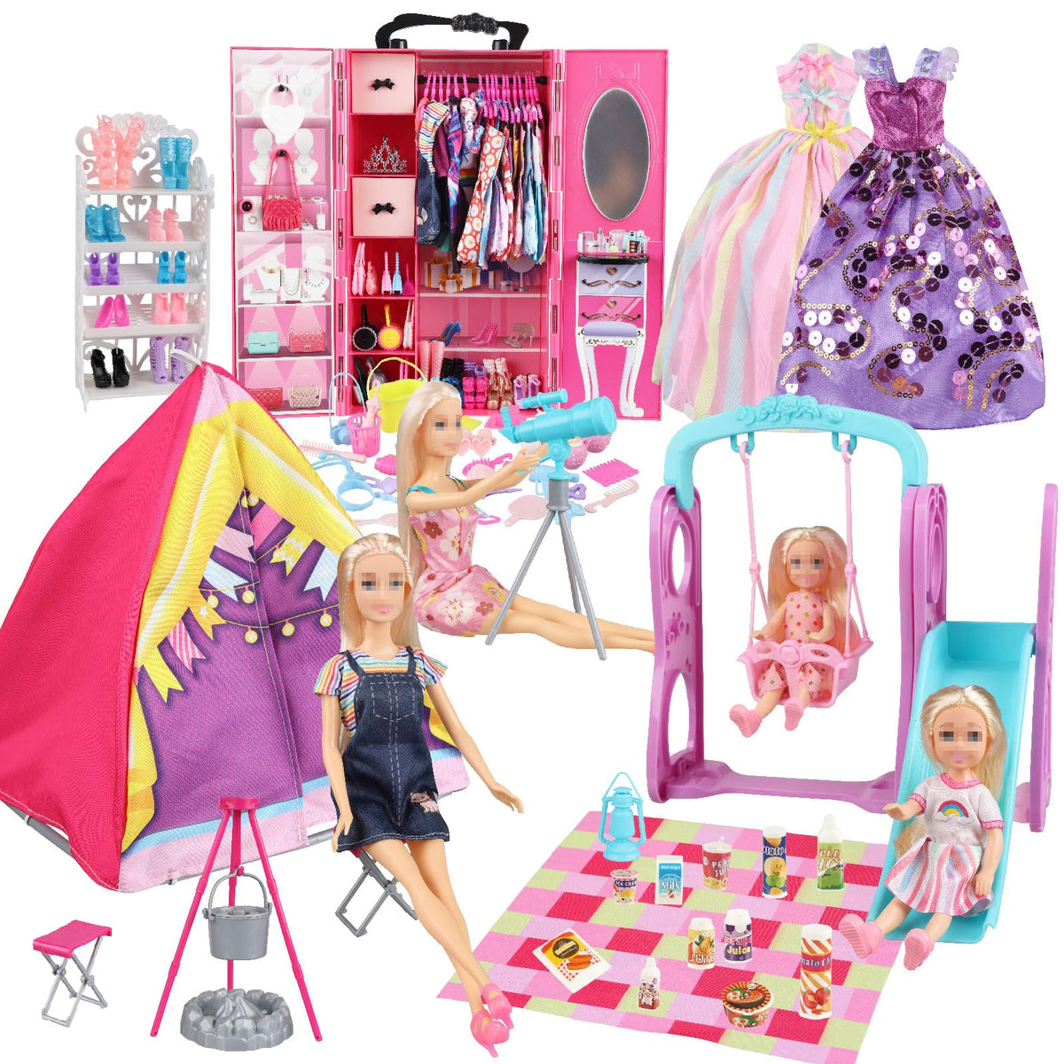 ZHENYETAI 180 Piece Doll Wardrobe&Toy Folding Wardrobe  Includes Folding Wardrobe+Swing Slide+Tent+Stargazing Set with Rich Acc