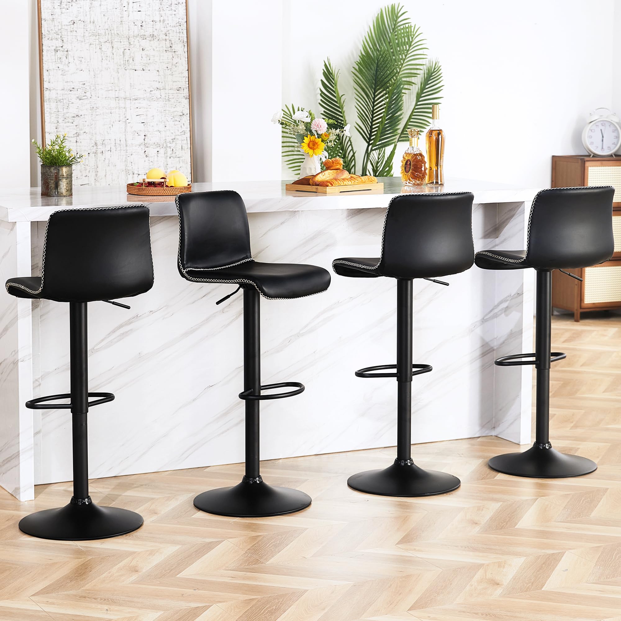 HeuGah Swivel Bar Stools Set of 4, Counter Height Bar Stools with Back, Adjustable Bar Stools 24 to 32, Black Faux Leather Bar S