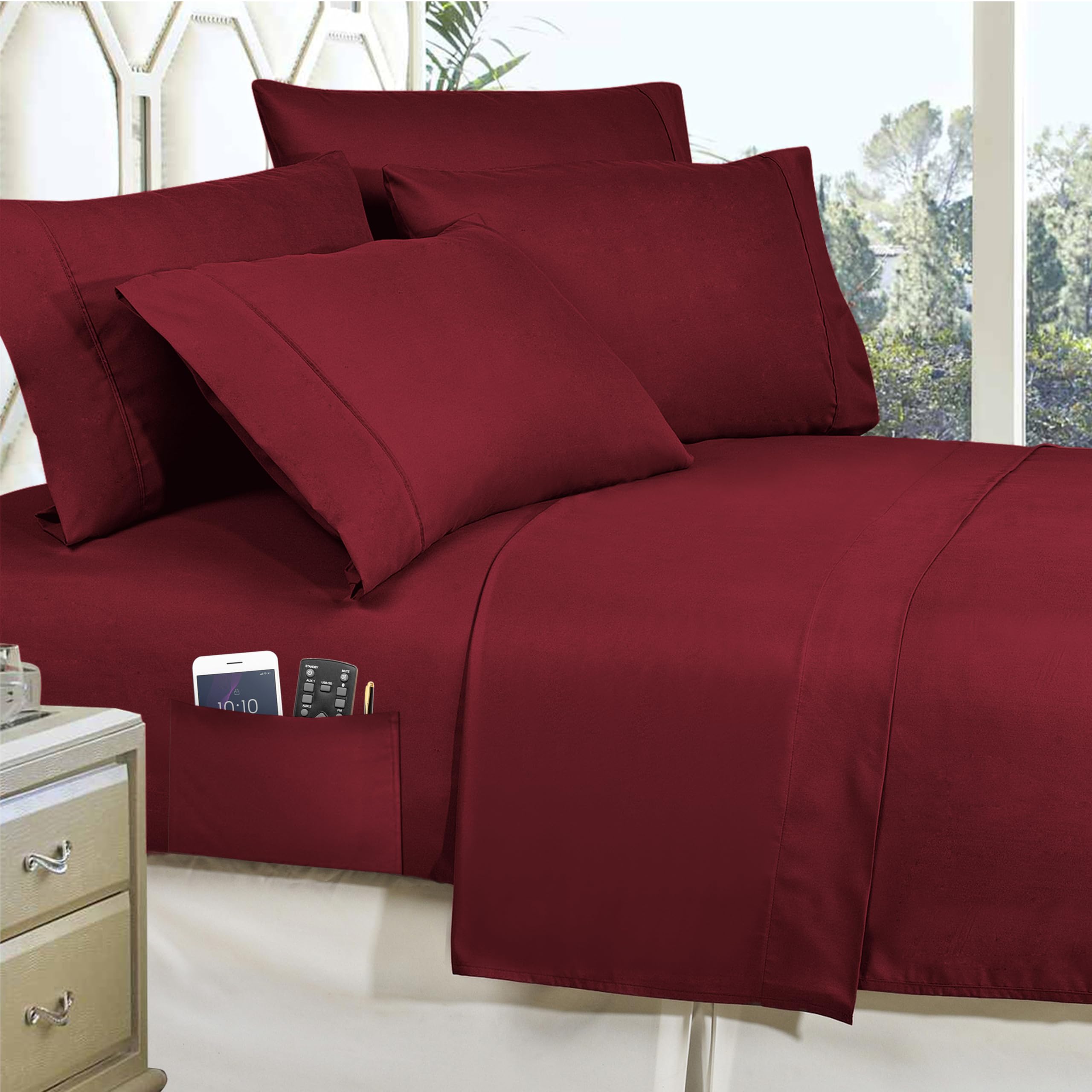 Elegant Comfort 8- Piece Lodge Plaid Reversible Comforter Set Bed-In-A-Bag Set - Silky Soft Complete Set Includes Bed Sheet Set With Double Sided Storage Pockets, Full/Queen, Burguundy