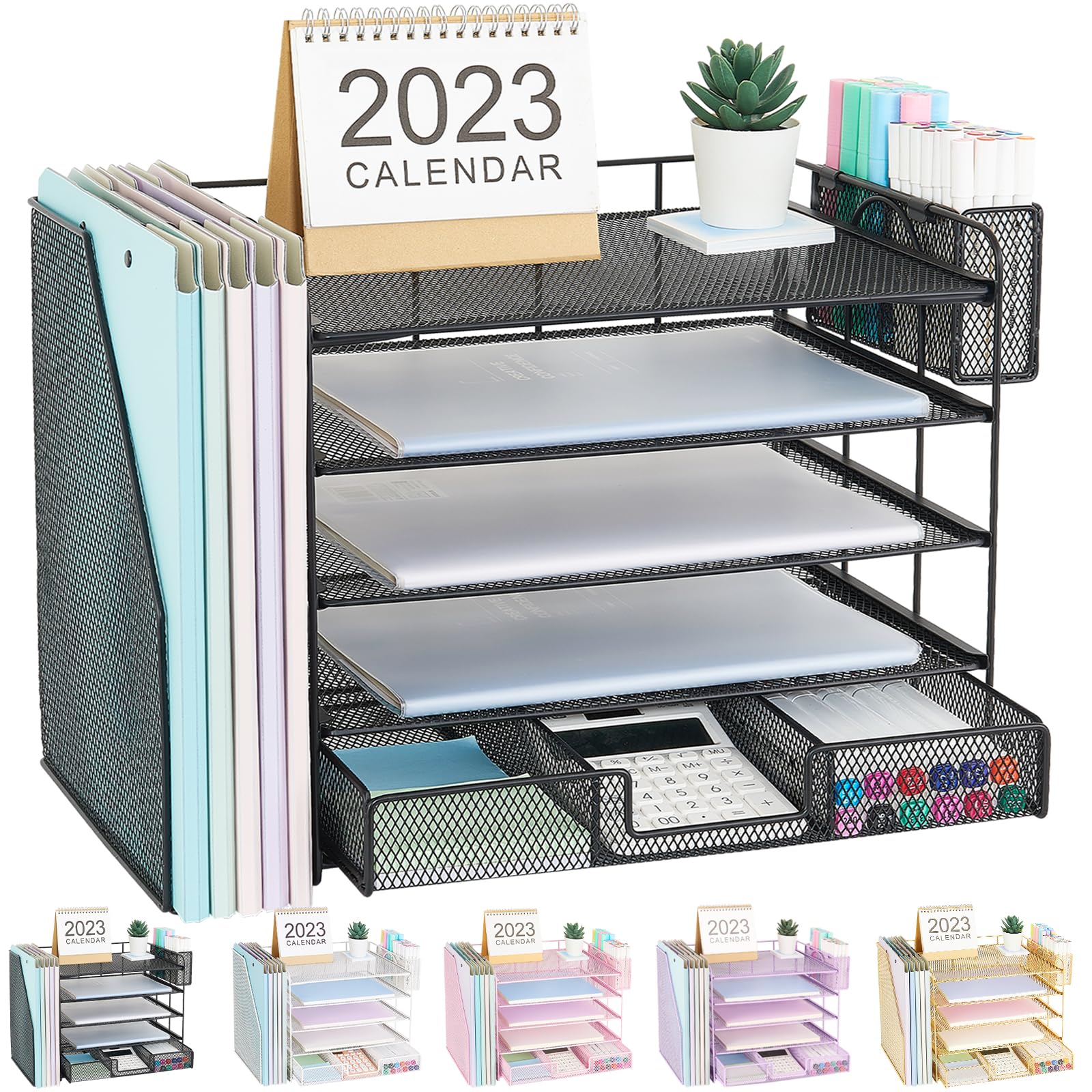 Gugsey Desk Organizer With File Holder, 5-Tier Paper Letter Tray File Organizer With Drawer And Pen Holder, Mesh Desktop Office