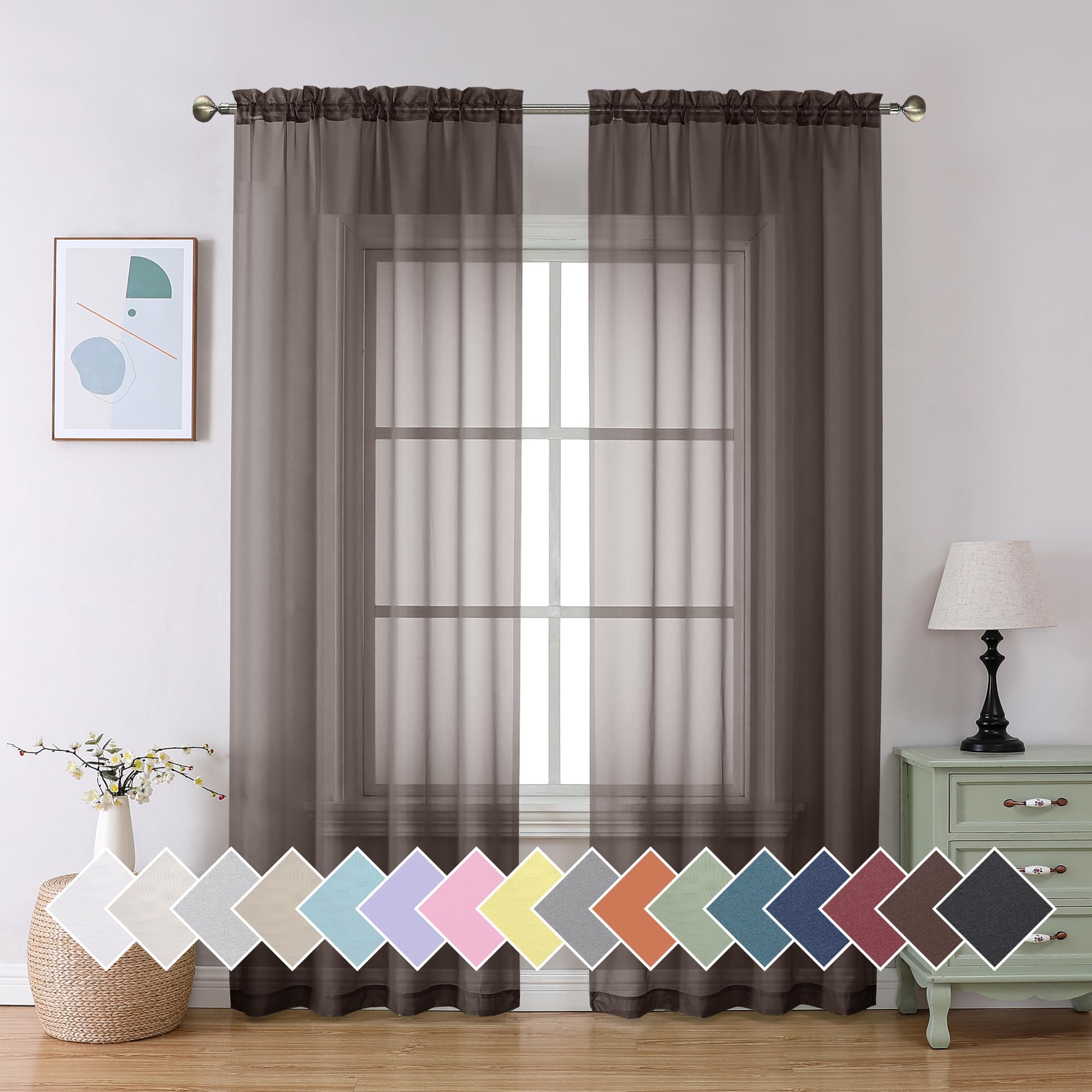 Aiyufeng Chocolate Sheer Curtains 84 Inches Long 2 Panels, Solid Voile Top Dual Rod Pockets Stylish Breathable Drapes Window Tre