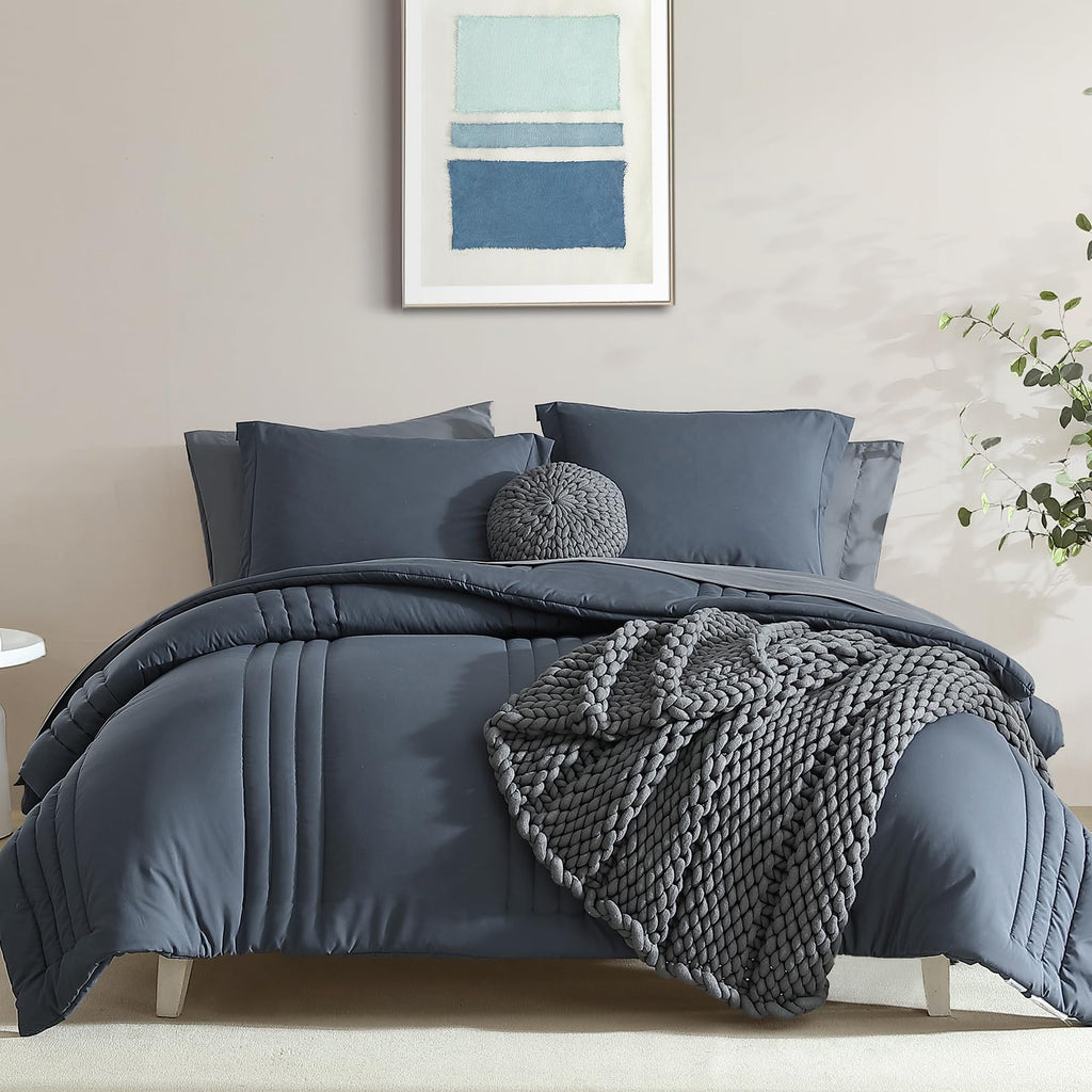 Monbix Queen Comforter Set - 7 Pieces Blue Grey Bed In A Bag Queen Bedding Sets With Comforters, All Seasons Down Alternative Co