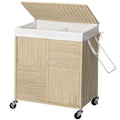 WOWLIVE Double Laundry Hamper with Lid, Handwoven Rolling Laundry Basket with Wheels, 115L Dirty Clothes Hamper with Removable L