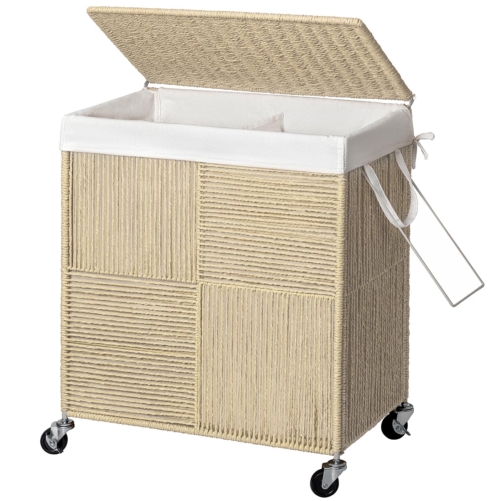WOWLIVE Double Laundry Hamper with Lid, Handwoven Rolling Laundry Basket with Wheels, 115L Dirty Clothes Hamper with Removable L
