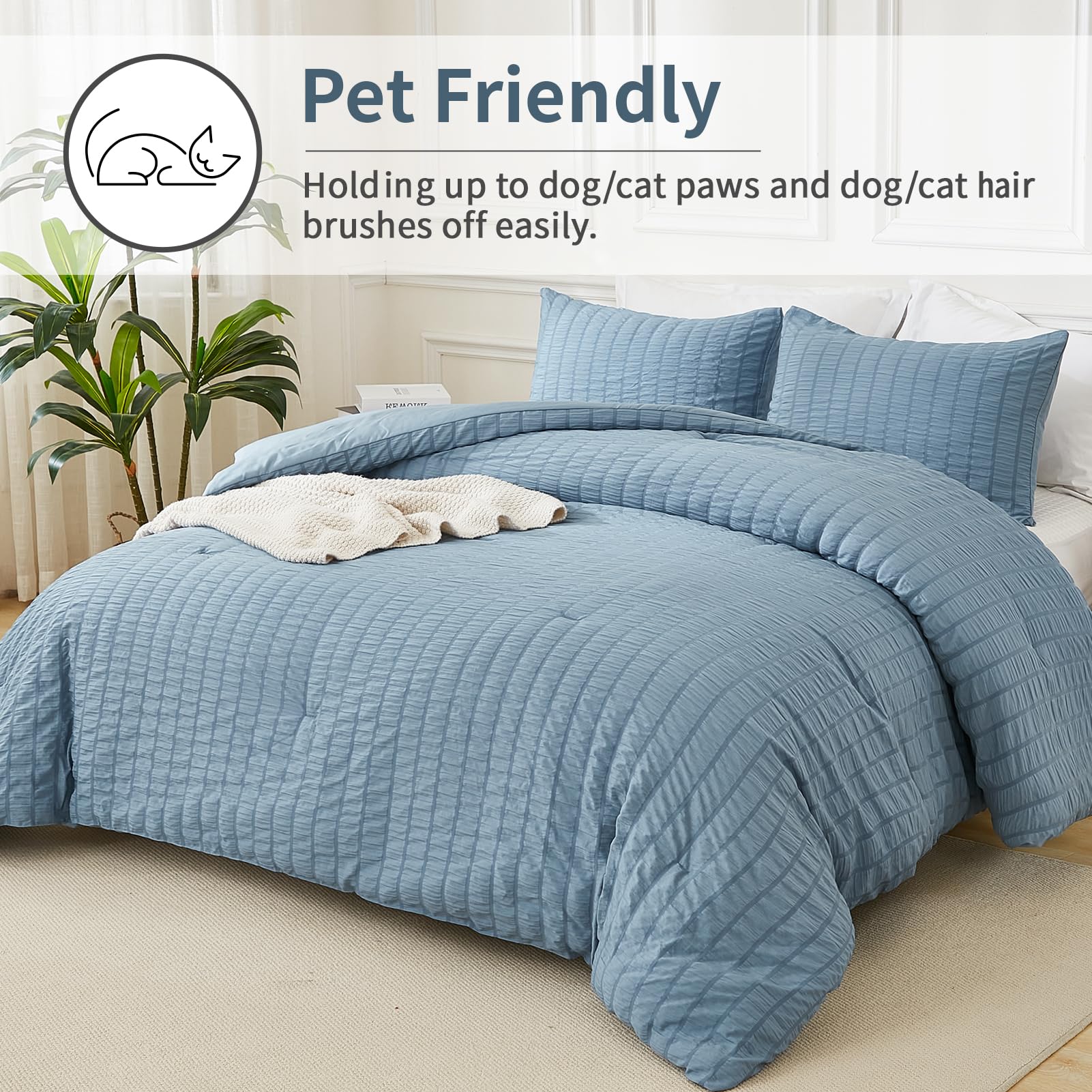 Avelom Seersucker Comforter Set Twin, Grayish Blue, 68X90, 1 Comforter And 1 Pillowcase