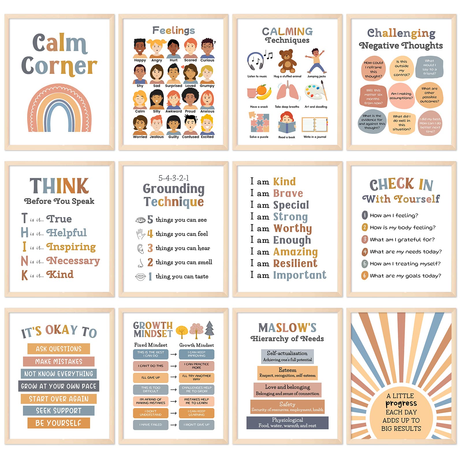 Whaline 12 Sheets Calming Corner Classroom Posters Boho Mental Health Feelings Chart Back To School Calm Down Coping Skills Educ