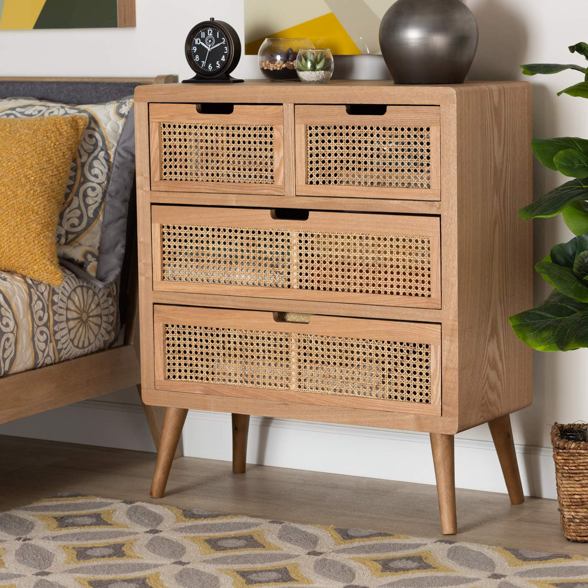 Baxton Studio Alina Medium Oak Finished Wood and Rattan 4-Drawer Accent Chest