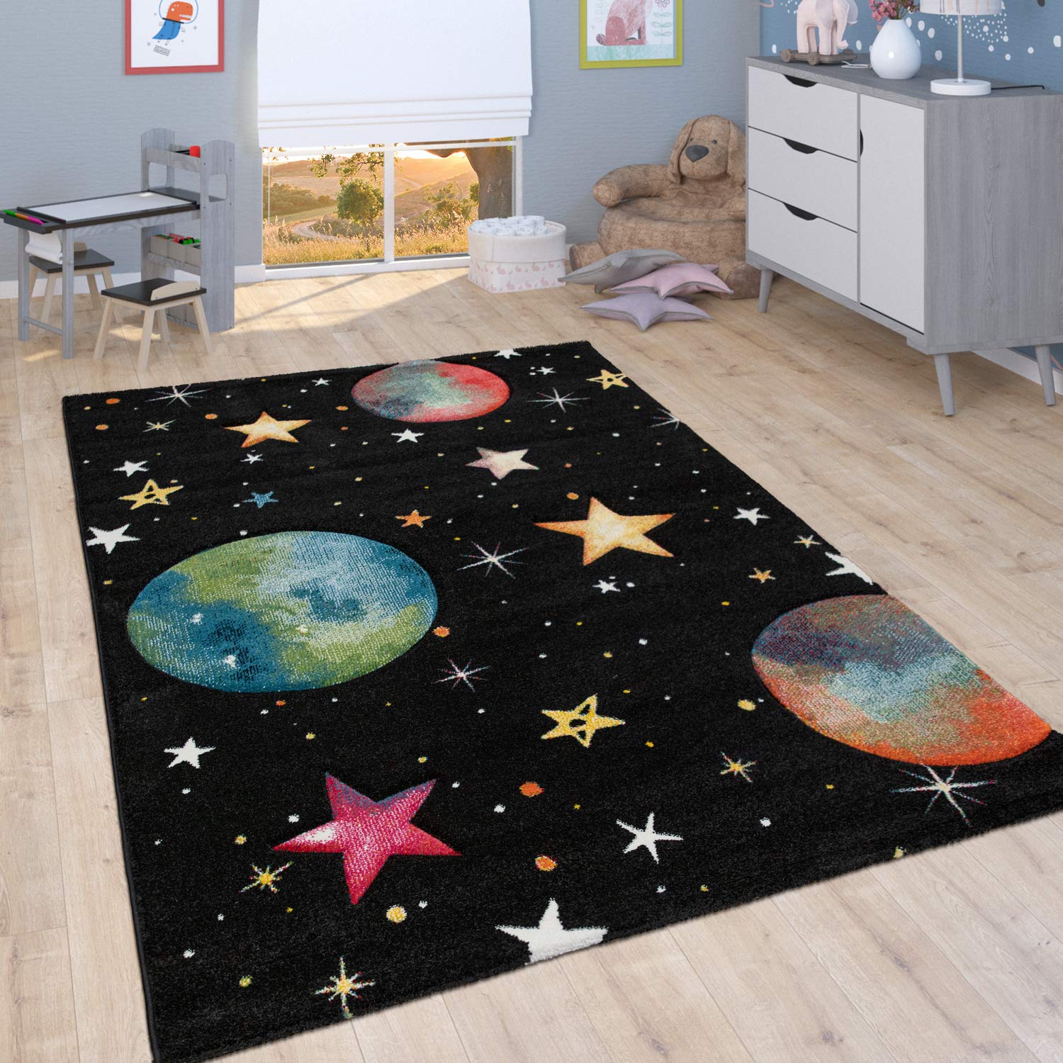 Paco Home Kid'S Rug Play Rug For Child'S Room With Planets And Stars In Black, Size: 3'11' X 5'7'