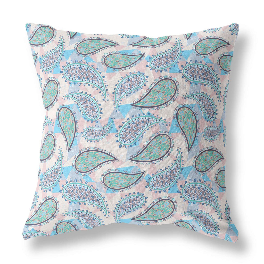 HomeRoots Blue Green Pink Broadcloth 28â€ Blue Green Boho Paisley Indoor Outdoor Throw Pillow