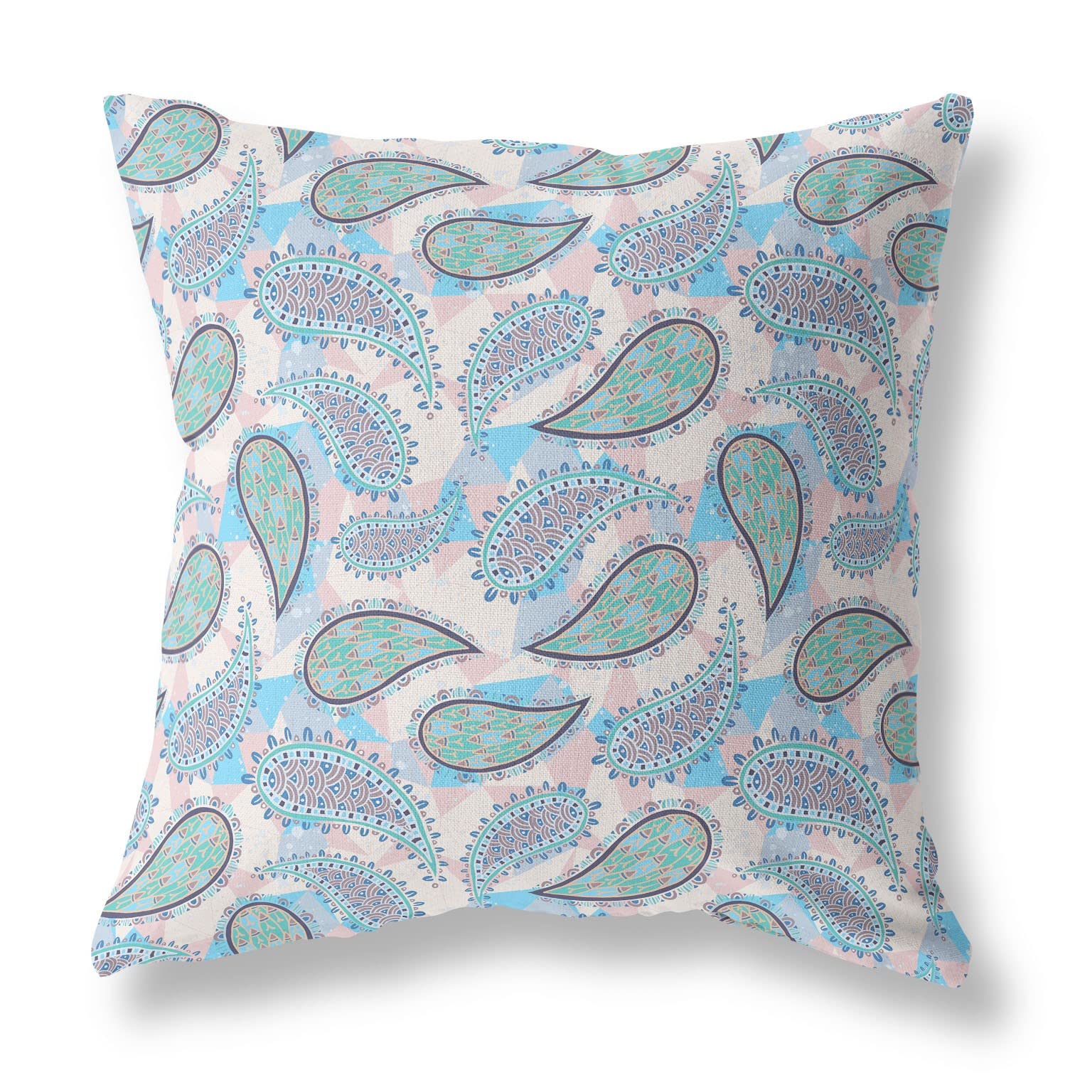 HomeRoots Blue Green Pink Broadcloth 28â€ Blue Green Boho Paisley Indoor Outdoor Throw Pillow