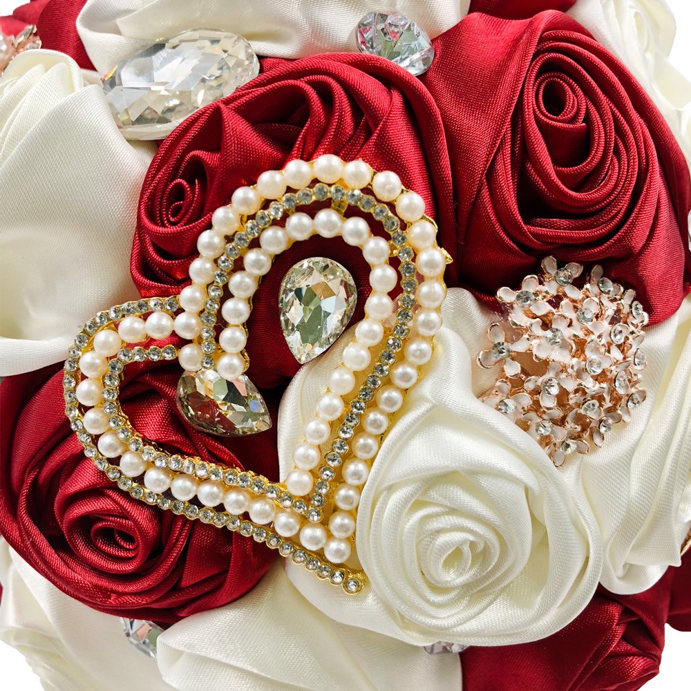 Abbiehome Handmade Bridal Bridesmaids Brooch Bouquet Satin Roses With Crystal Diamond Pearl Decor (Burgundy+Ivory)