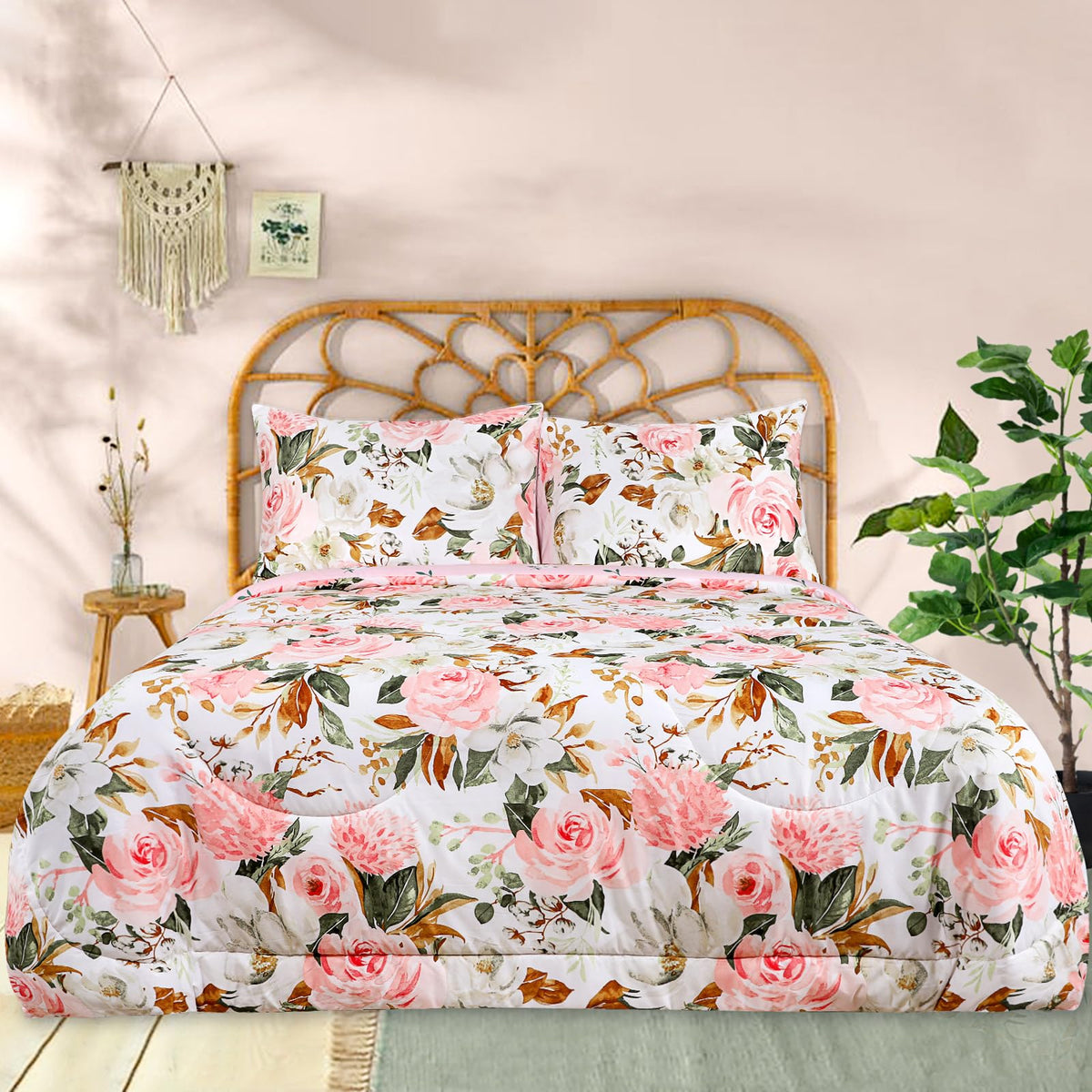 Dilimi Twin Comforter Set For Girls, Reversible Pink Floral Comforter Twin Size Bed, 5 Pieces Ultra Soft Twin Bedding Sets With