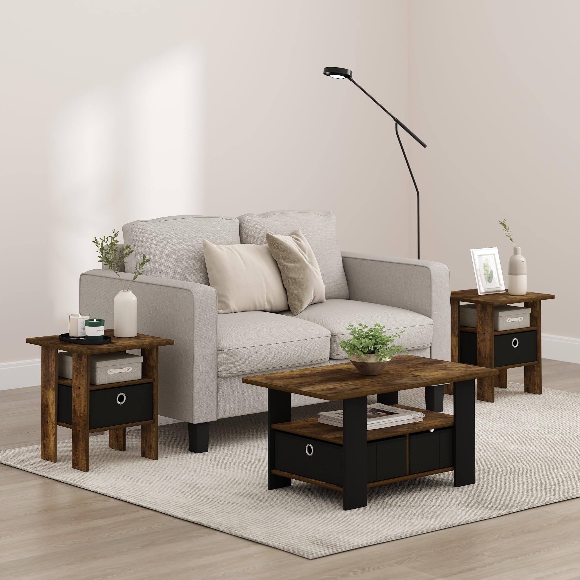 Furinno Andrey End Table Nightstand with Bin Drawer, Amber Pine/Black, Set of 2