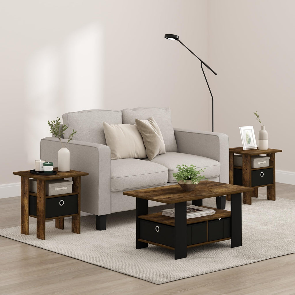 Furinno Andrey End Table Nightstand with Bin Drawer, Amber Pine/Black, Set of 2