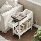 ChooChoo Farmhouse End Table with Charging Station - Soft White Accent Nightstand for Living Room & Bedroom, Ideal for Small Spaces