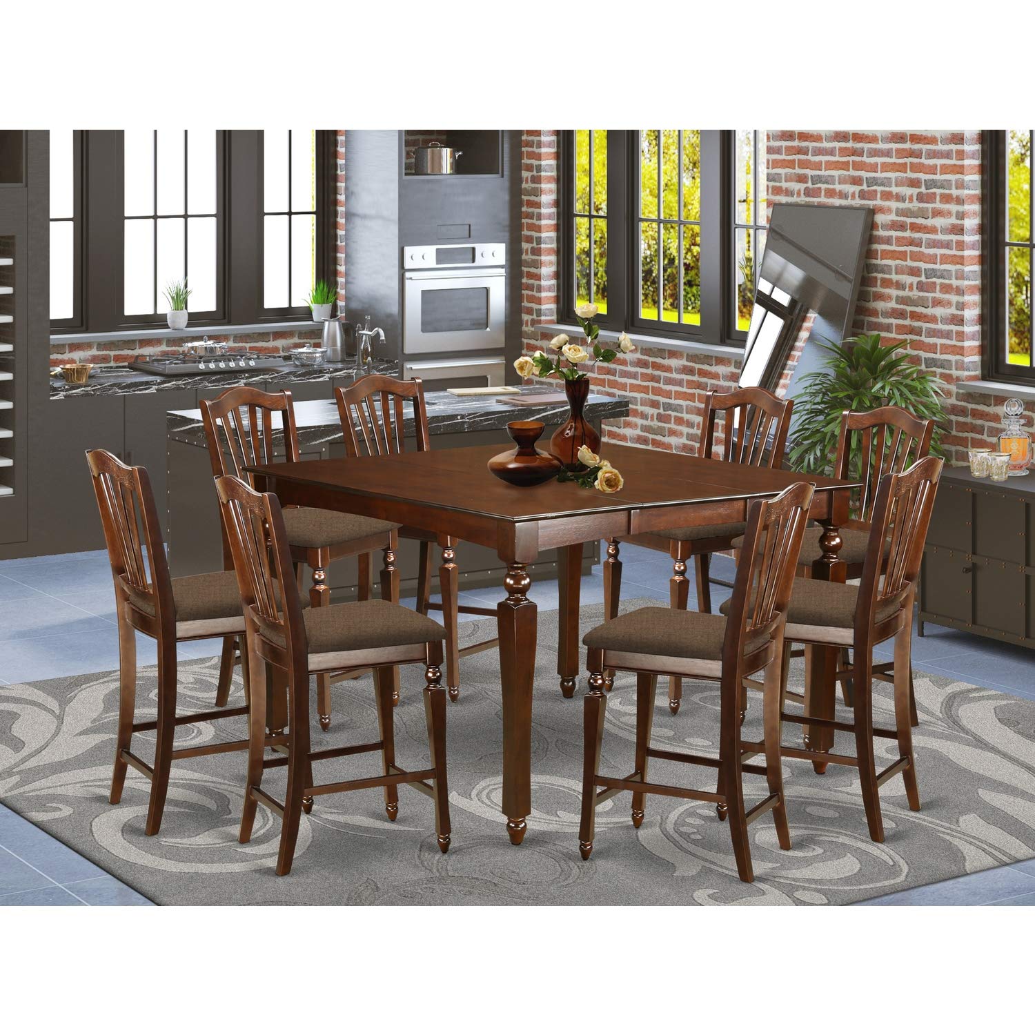 East West Furniture CHEL9-MAH-C Chelsea 9 Piece Counter Height Pub Set Includes a Square Dining Table with Butterfly Leaf and 8 Linen Fabric Upholstered Kitchen Chairs, 54x54 Inch