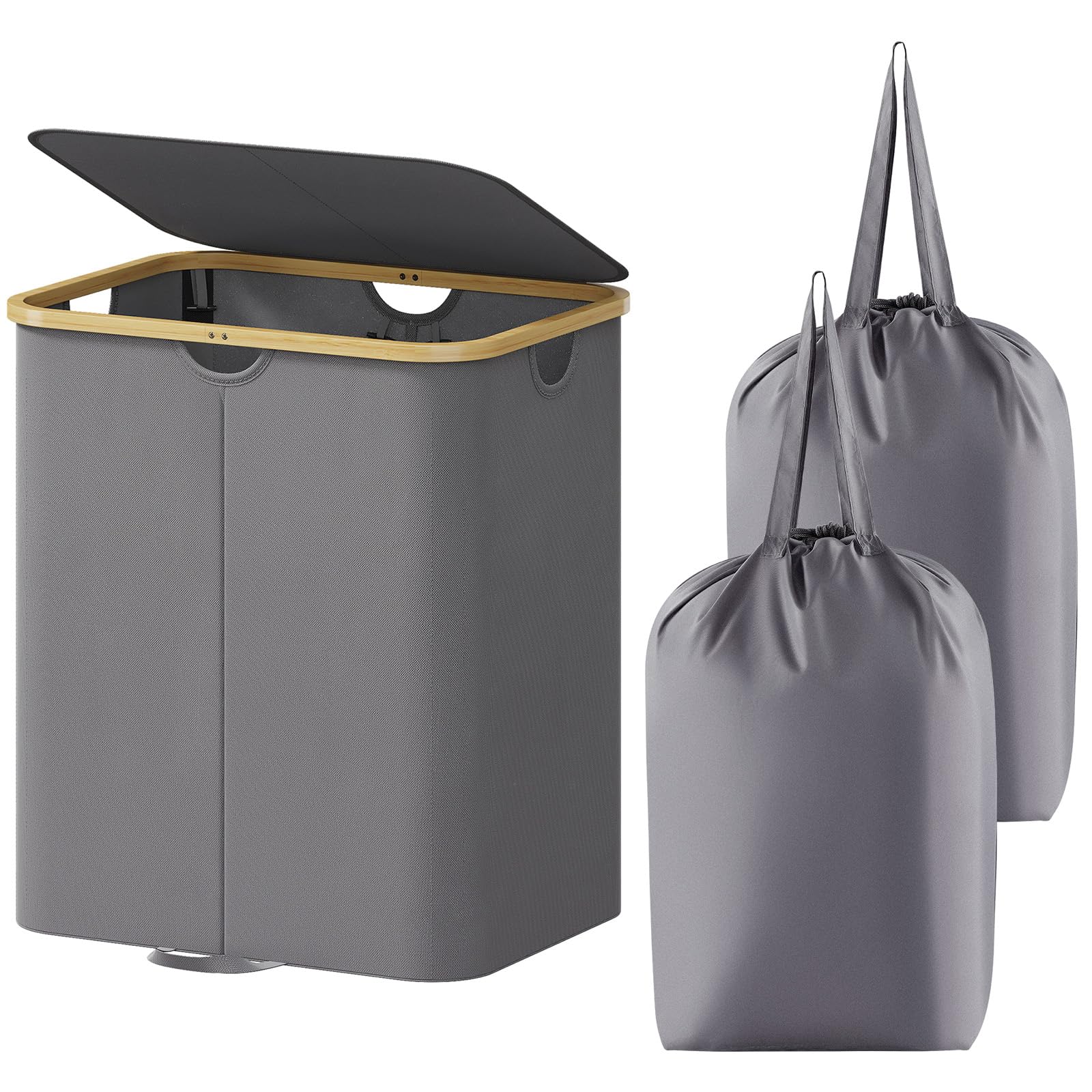 Lifewit 120L Double Laundry Hamper with Lid, Large Laundry Basket with Bamboo Handles and Removable Laundry Bags, Foldable Cloth