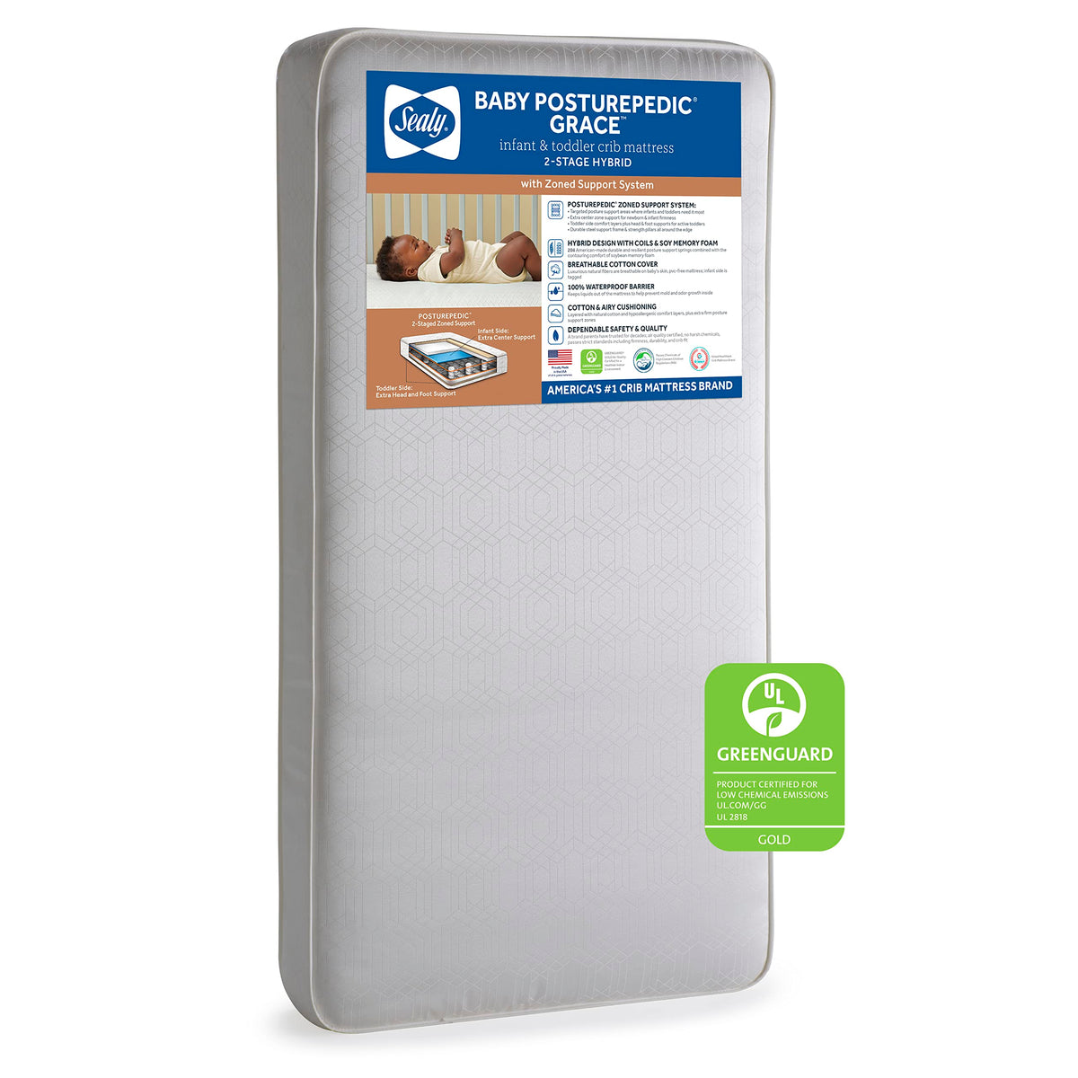 Sealy Baby Posturepedic Grace Hybrid Breathable 2 Stage Waterproof Crib Mattress Plus Toddler Bed Fit, Non Toxic, Hypoallergenic