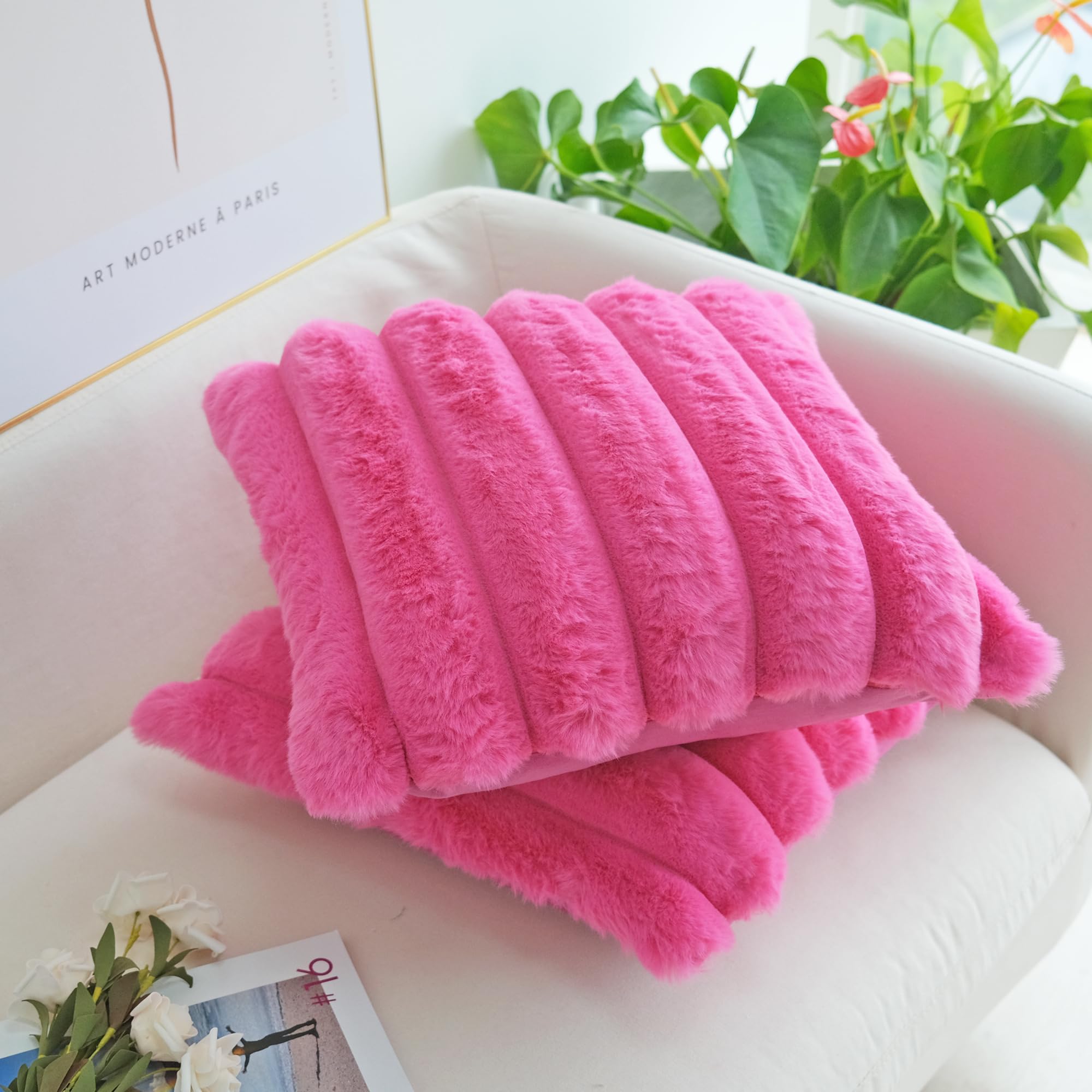 Jojusis Pack Of 2 Faux Fur Plush Decorative Throw Pillow Covers Couch Cushion Case Soft Fluffy Pillowcases Wide Stripe (Hot Pink