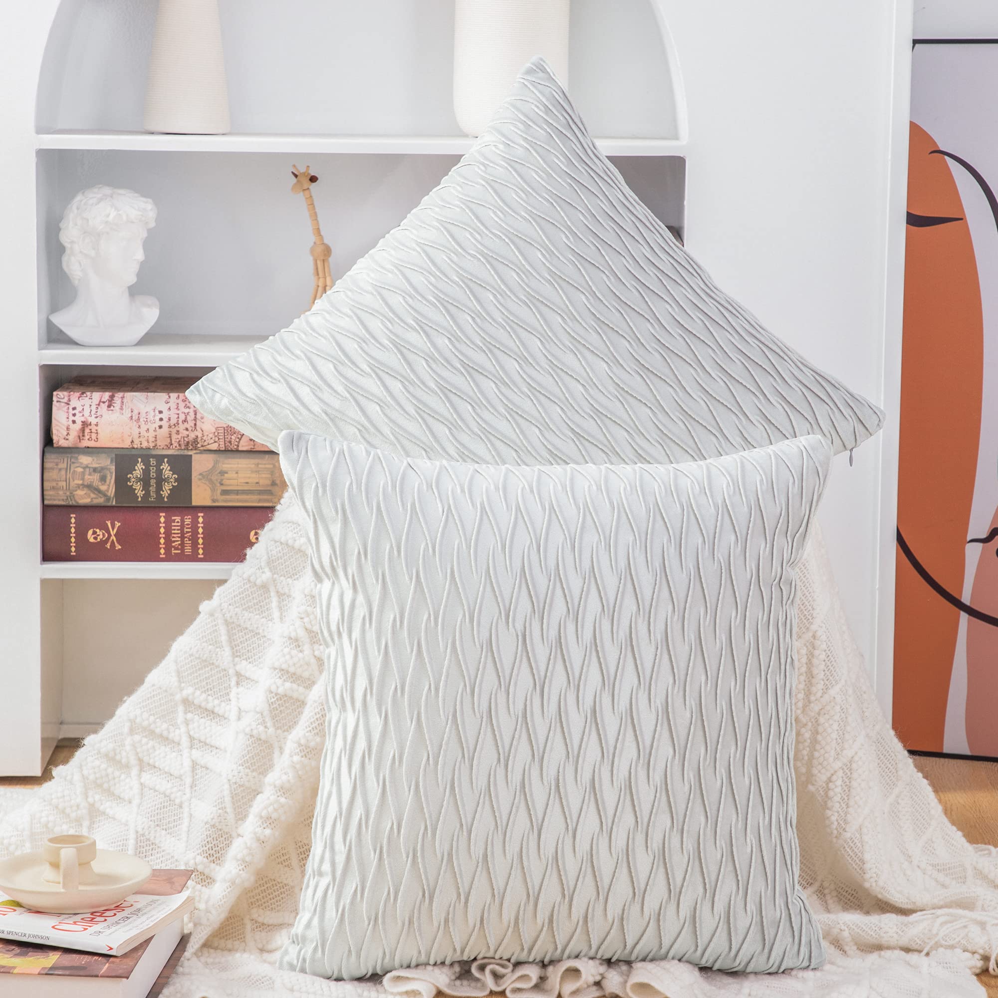 Madizz Set Of 2 Super Soft Velvet Decorative Throw Pillow Covers 22X22 Inch Greyish White Square With Texture Luxury Style Cushi