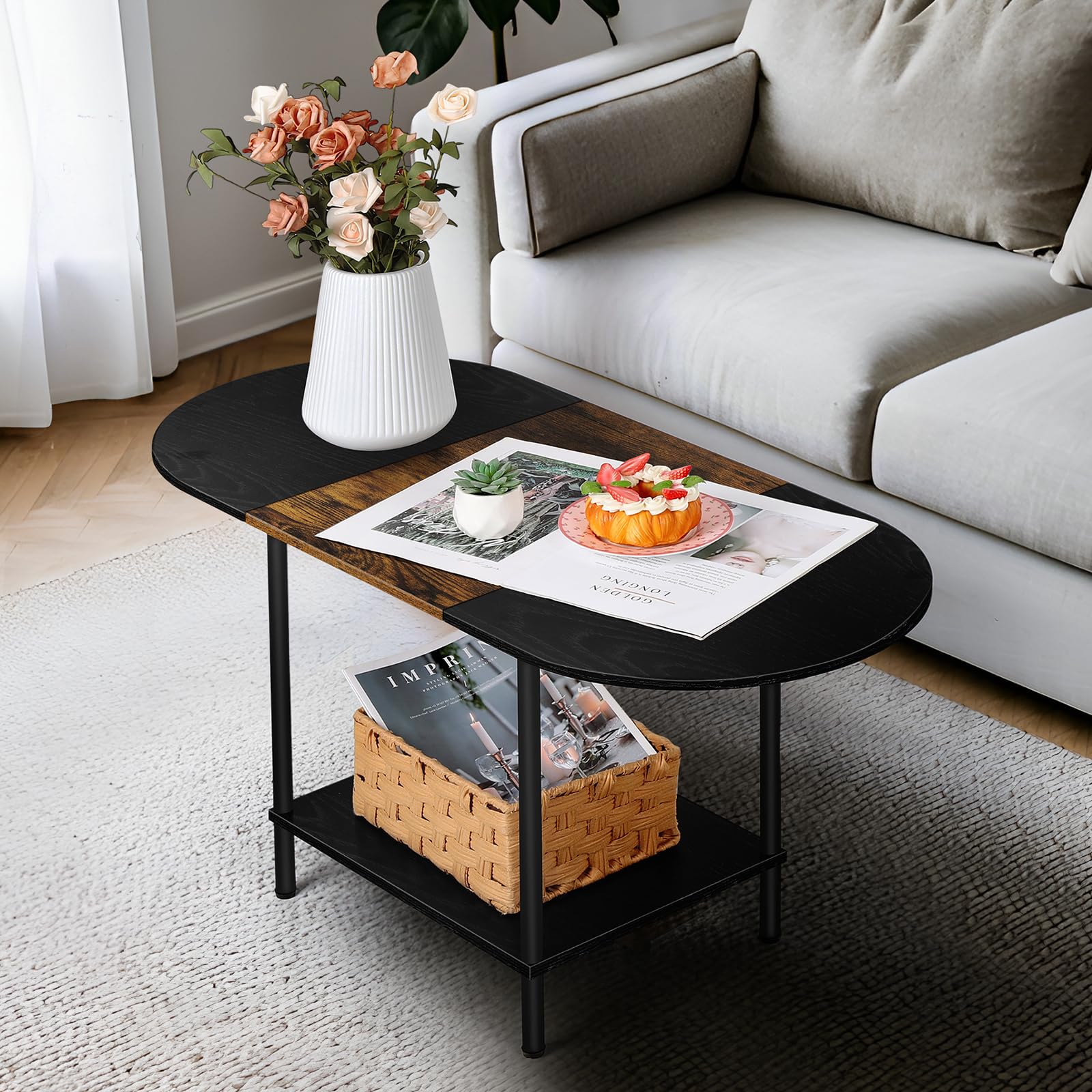 Small Round Coffee Table, 2-Tier Oval Center Table with Storage and Open Shelving, Minimalist Display Center Table for Living Ro