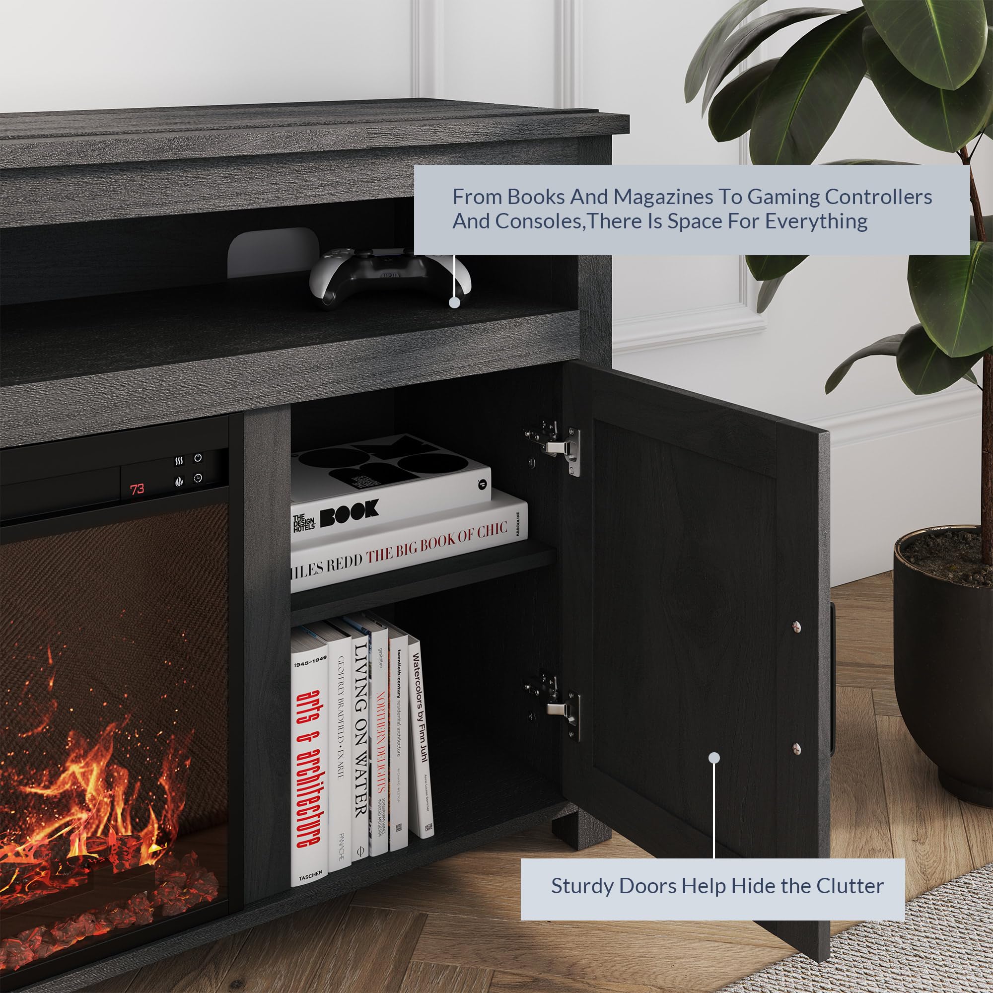 Belleze 58' Farmhouse Fireplace Tv Stand For Tvs Up To 65', 23' Electric Fireplace Heater With Sound, Entertainment Center Media Console Table Barn Door Storage Cabinets For Living Room - Rustic Grey