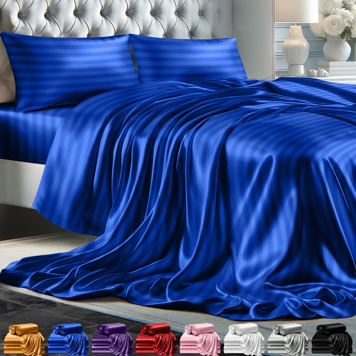 Decolure Stripped Satin Sheets Set King 4Pc - Comfy Luxury Silk Feel Satin Sheets King - Elegant Silky Soft King Size Satin Bed