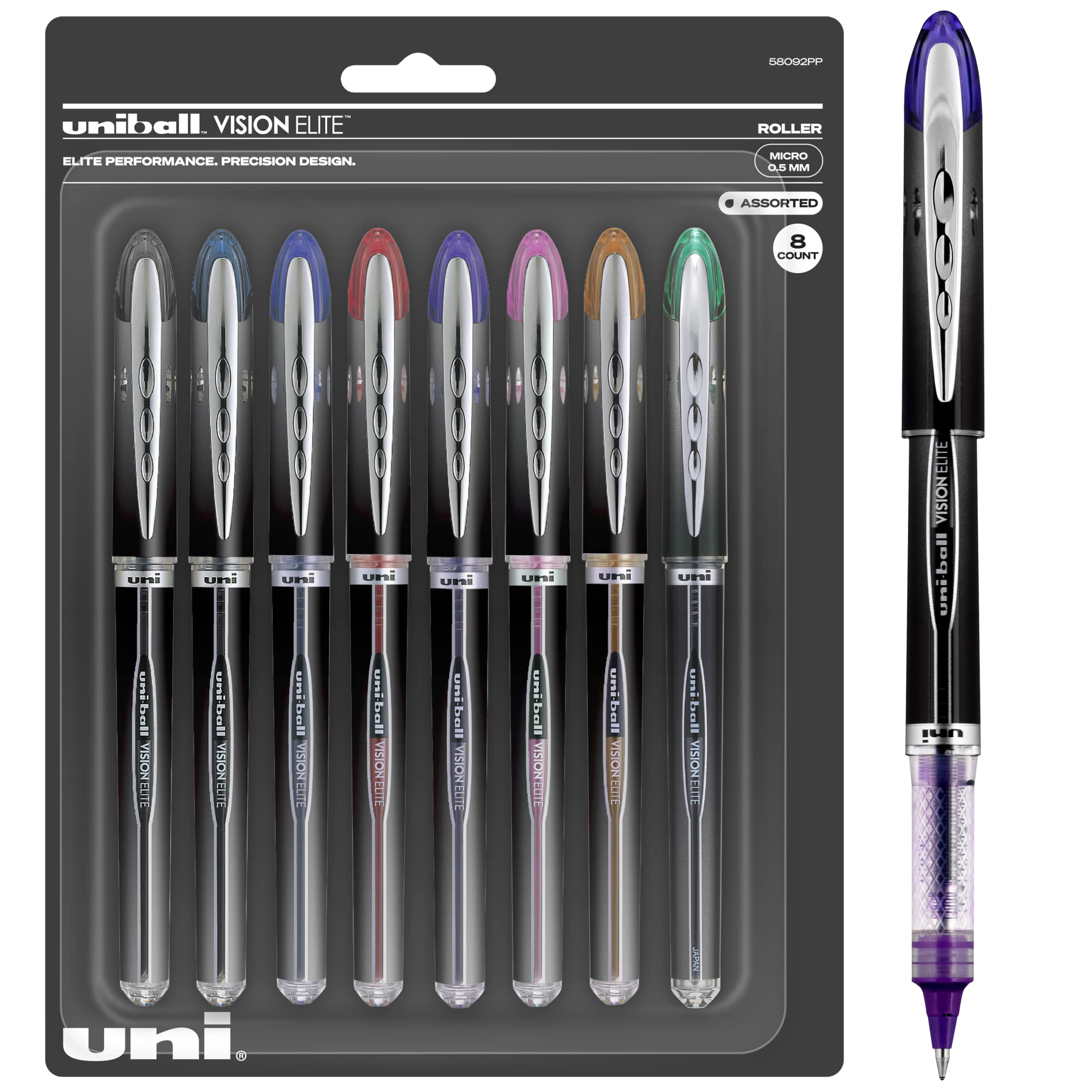 Uniball Vision Elite Rollerball Pens, Assorted Pens Pack Of 8, Micro Pens With 0.5Mm Ink, Ink Black Pen, Pens Fine Point Smooth