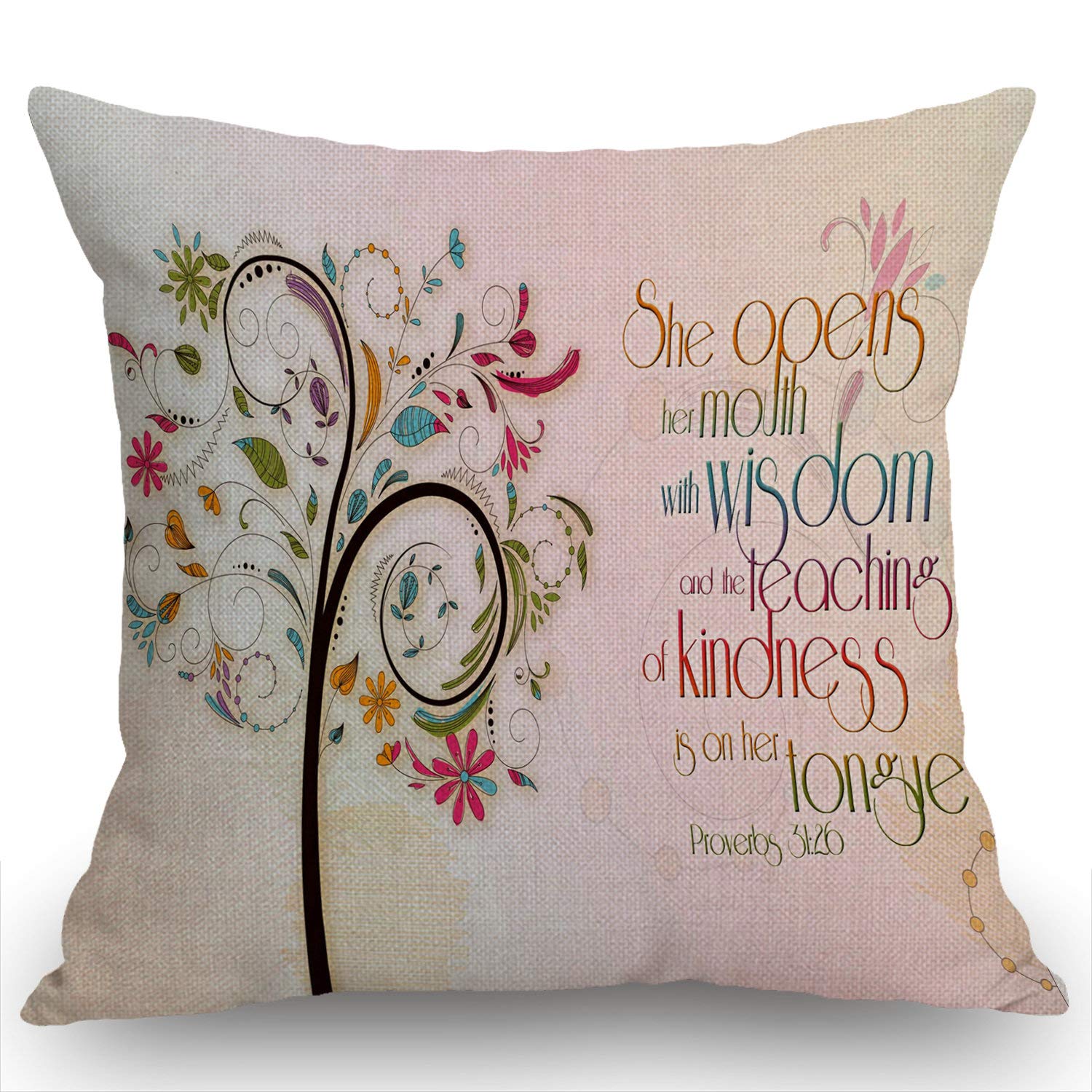 Swono Inspirational Christian Bible Verse Proberbs Quotes Pillow Cover, She Opens Her Mouth With Wisdom And The Teaching Of Kind