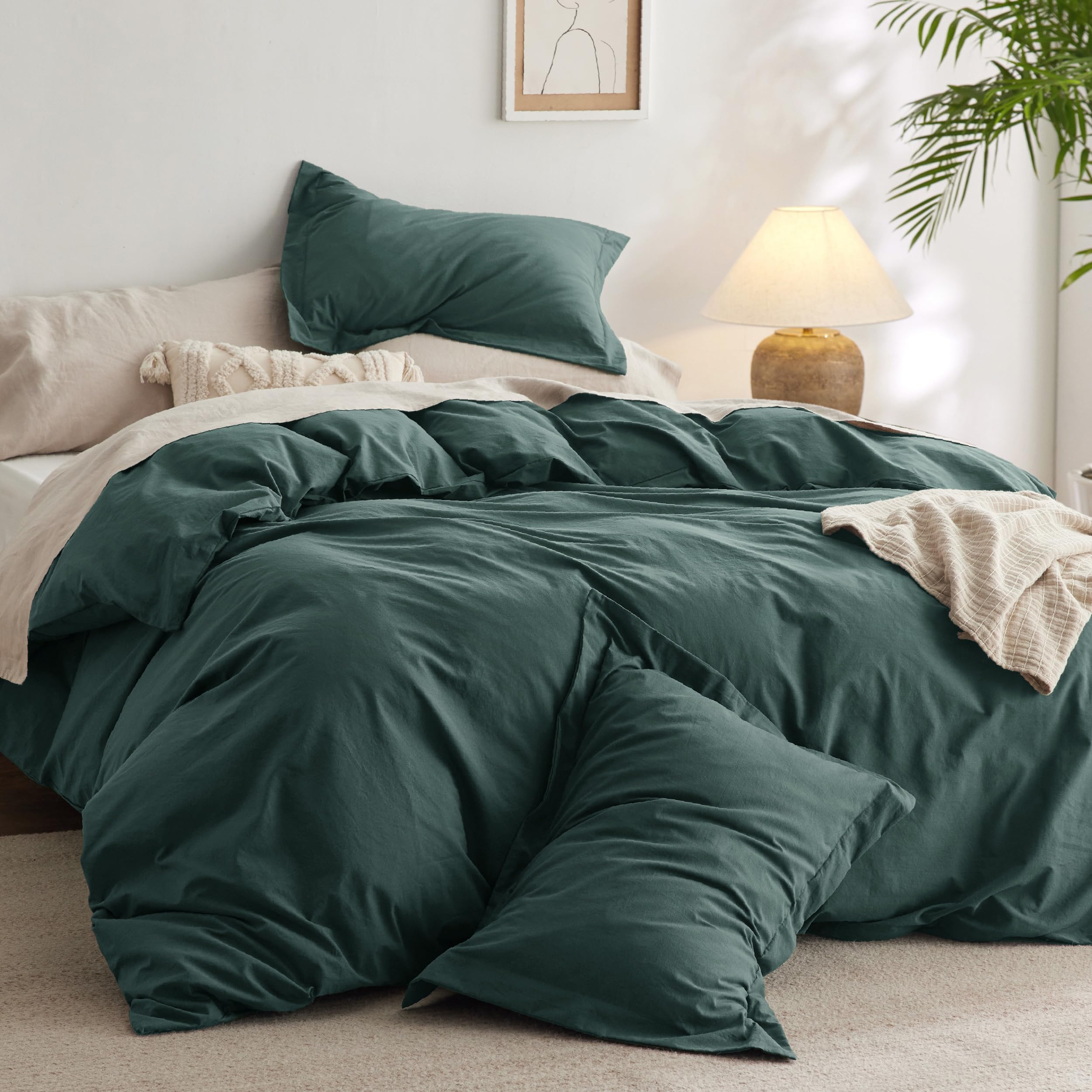 Bedsure 100% Washed Cotton Duvet Cover King Size - Forest Green Minimalist Cotton Duvet Cover Linen Like - Gentlesoft™ Plain Simple Bedding Set With 2 Pillow Shams (Forest Green, King, 104'X90')