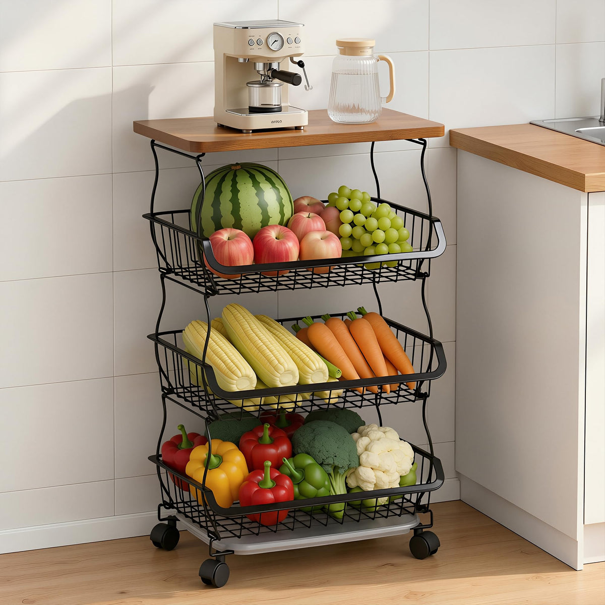 VECELO 4Tier Fruit Basket with Wheels, Fruit and Vegetable Storage Cart for Kithchen, Stackable Produce Organizer Wire Baskets 