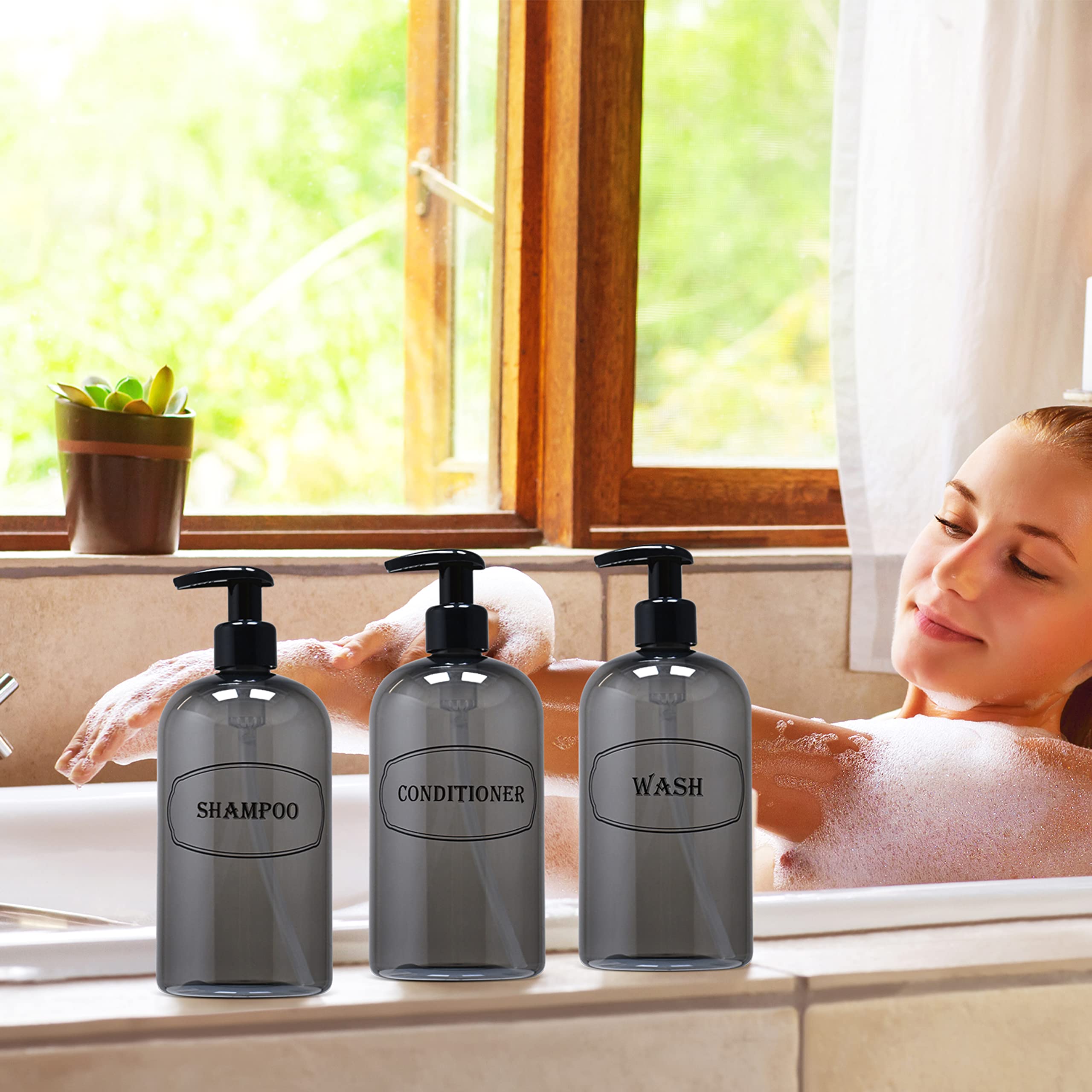 Bottiful Home-16 Oz Grey Shampoo, Conditioner, Wash Shower Soap Dispensers-3 Refillable Empty Pet Plastic Pump Bottle Shower Con