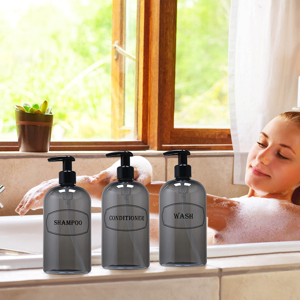 Bottiful Home-16 Oz Grey Shampoo, Conditioner, Wash Shower Soap Dispensers-3 Refillable Empty Pet Plastic Pump Bottle Shower Con