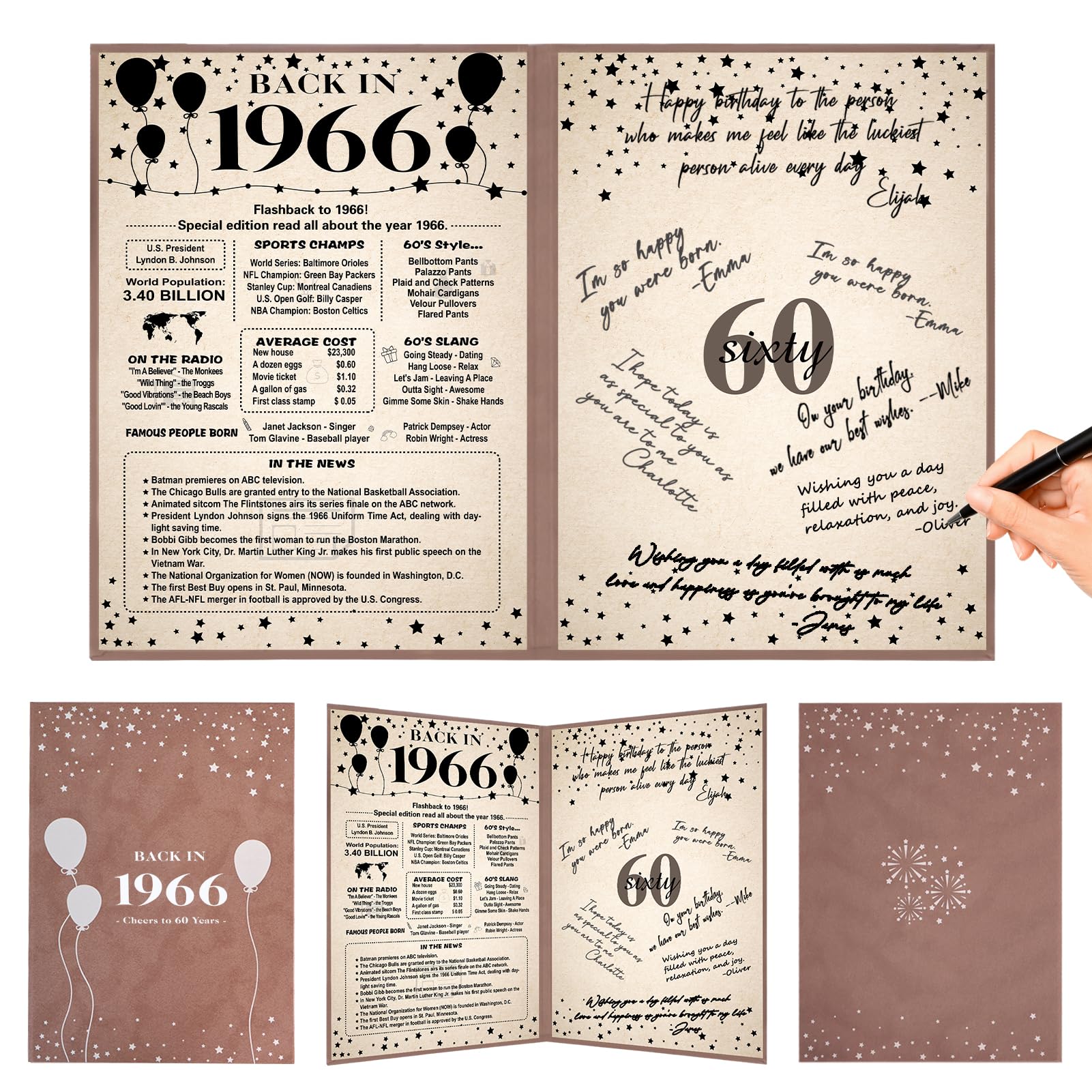 Crenics 60th Birthday Decorations for Women or Men, Vintage Back in 1966 Poster, 60th Birthday Guest Signature Book, Awesome 60 