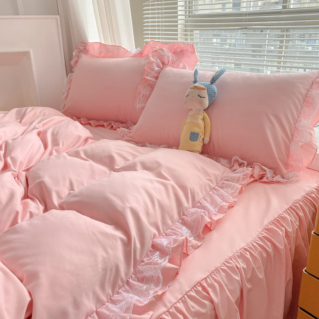 Moowoo Chic Ruffle Lace Polyester Duvet Cover Set -Girl Pink Bedding-3 Piece Queen Duvet Cover With Zipper Closure -Ultra Soft A