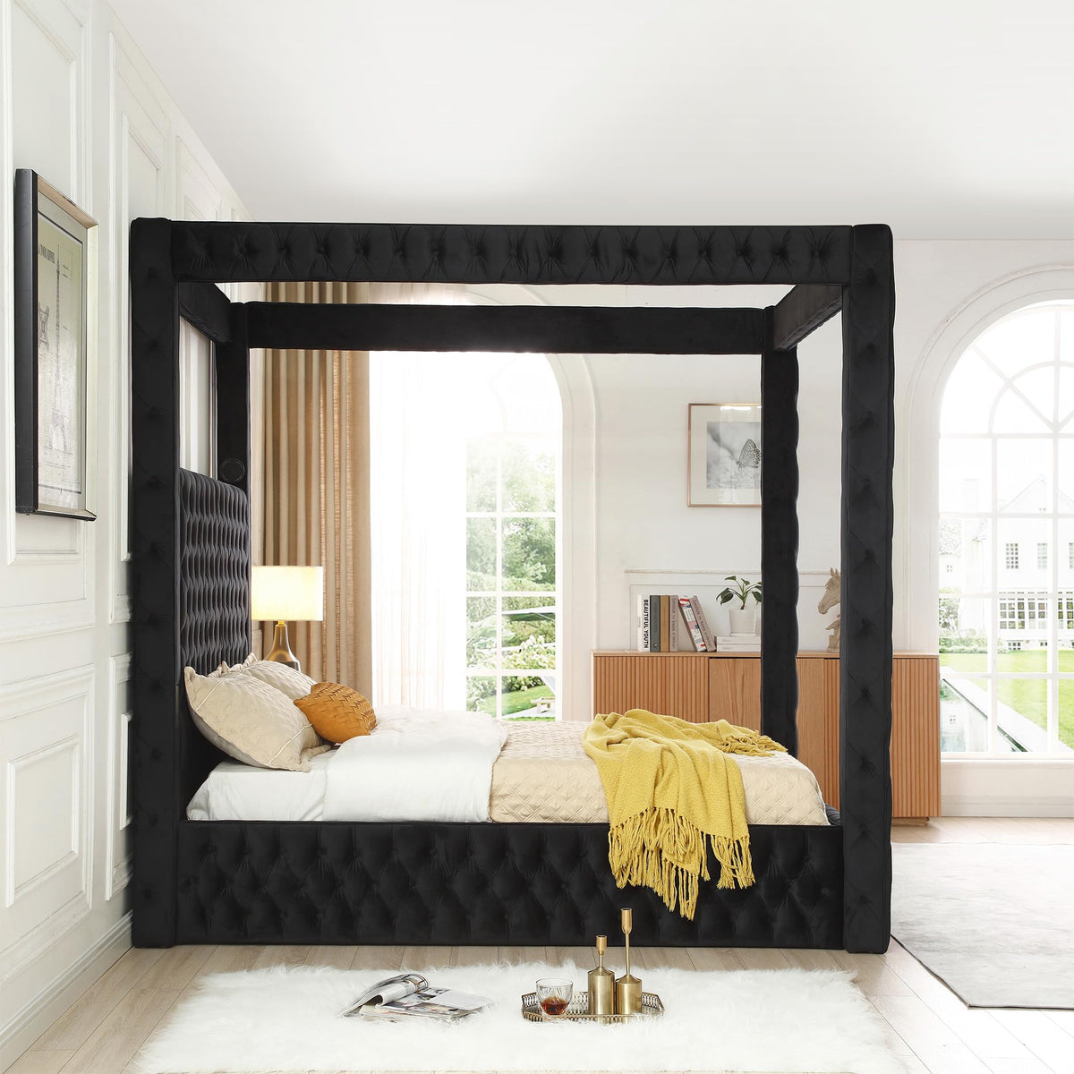 Better Home Products Dream Luxurious Velvet Canopy Bed With Speaker & Usb Connection (Black, Queen)