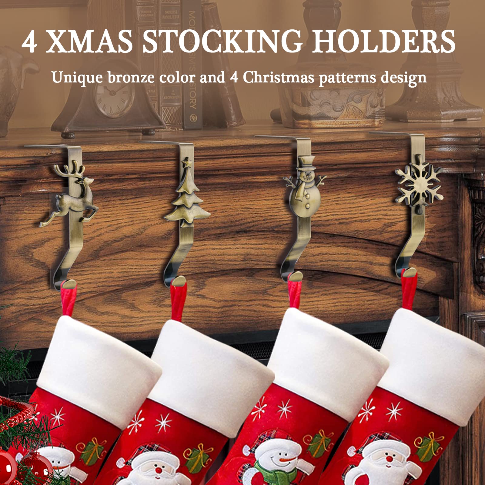 Oufini Christmas Stocking Holders For Mantle-Christmas Stocking Hangers For Mantel Set 4,Stocking Hooks For Mantle, Stocking Hol
