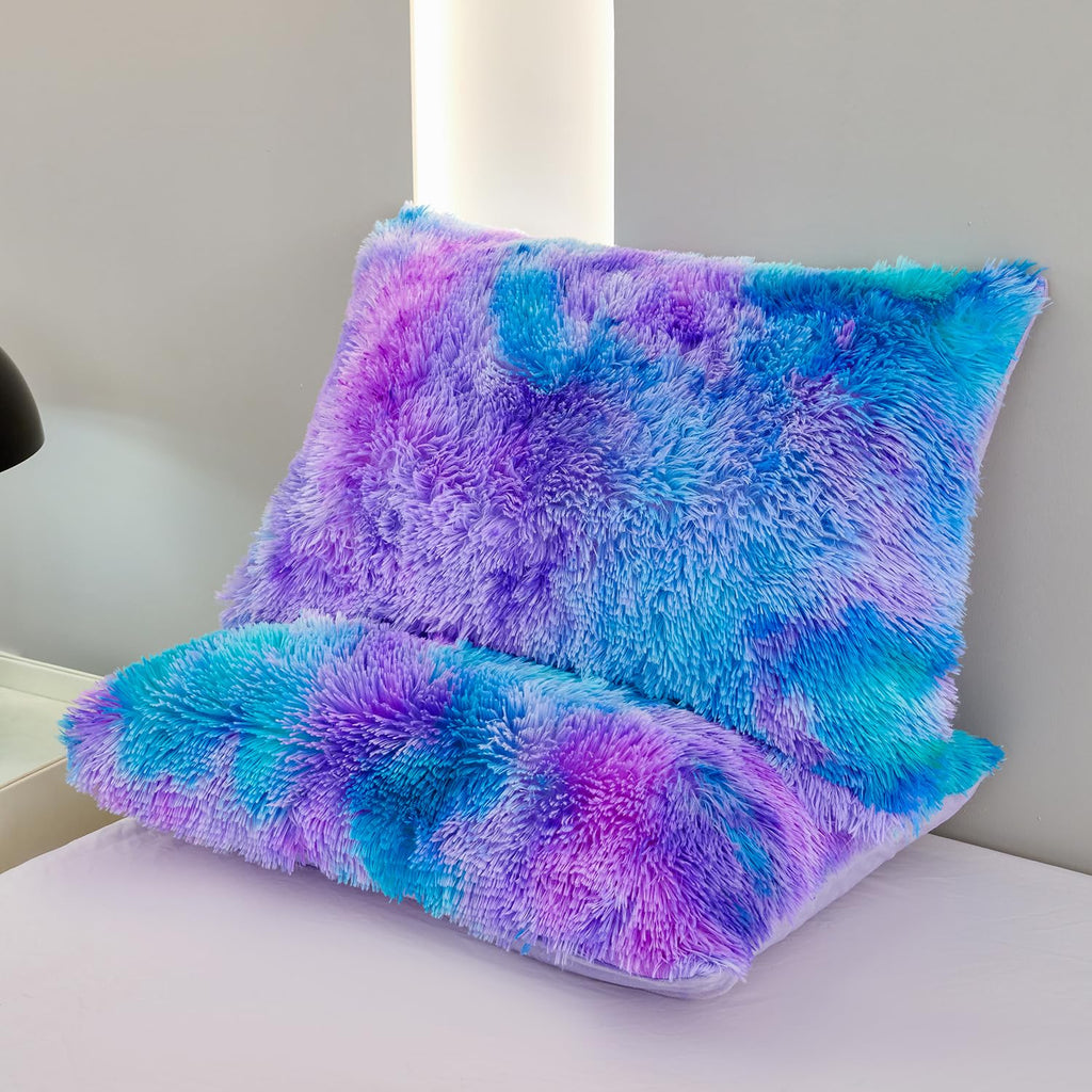 Sucses Blue Purple Fluffy Twin Bedding Sets For Girls 3Pcs Faux Fur Plush Shaggy Kids Duvet Cover Set Twin Size Tie Dye Velvet F