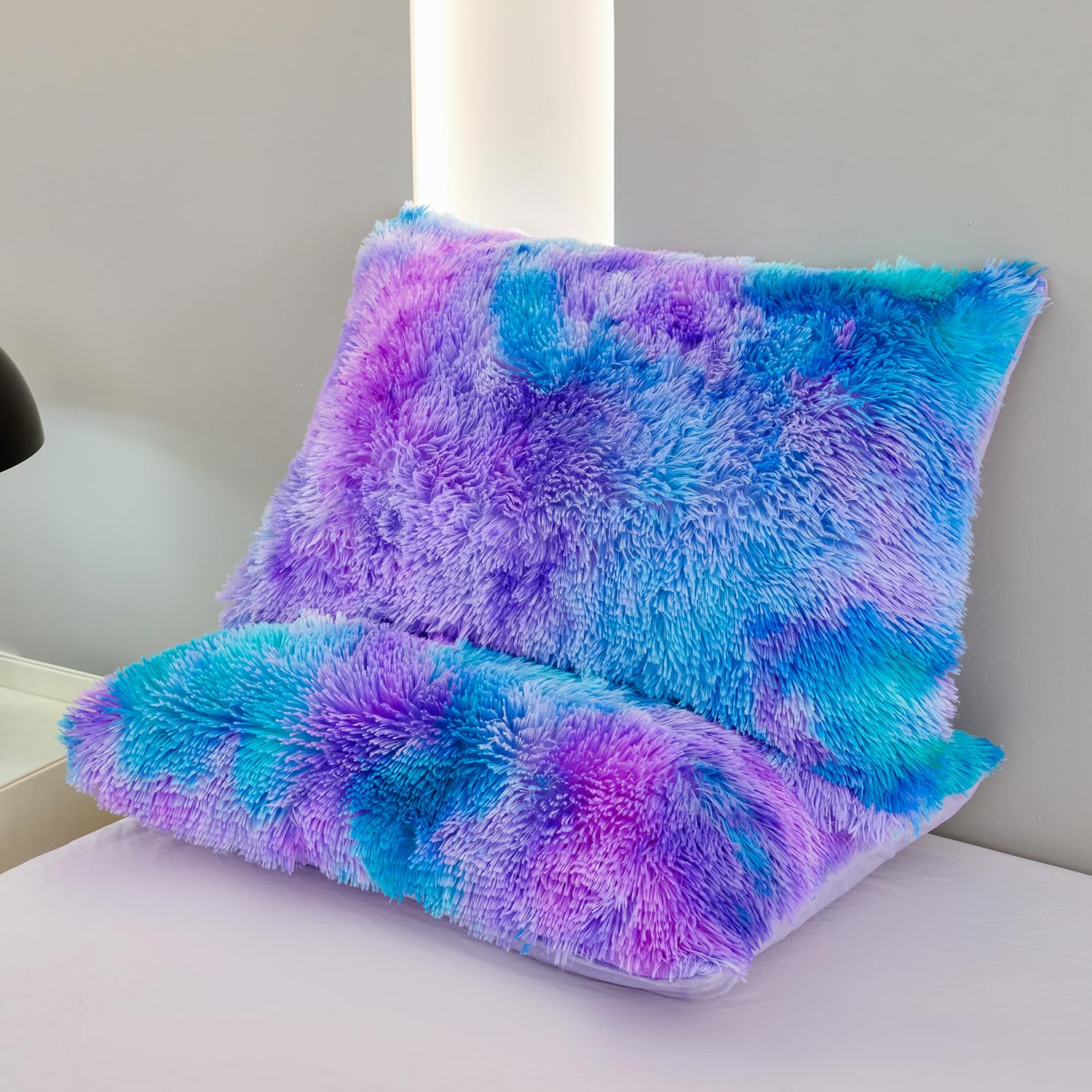 SUCSES Faux Fur Duvet Cover Set Queen Blue Purple Plush Shaggy Velvet Microfiber hna010